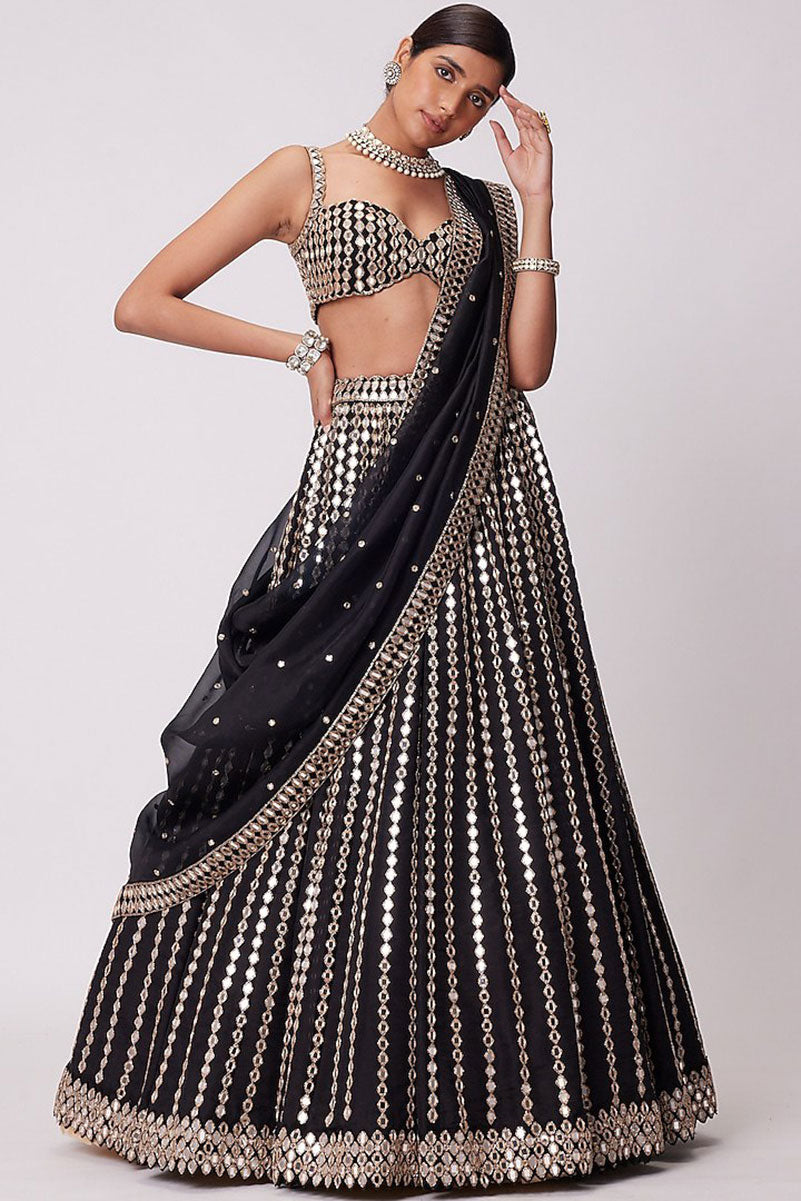 Jyoti Fashion Women's Black Organza Silk Paper Mirror with Zari Embroidered Lehenga Choli with Dupatta | Swadesiicart
