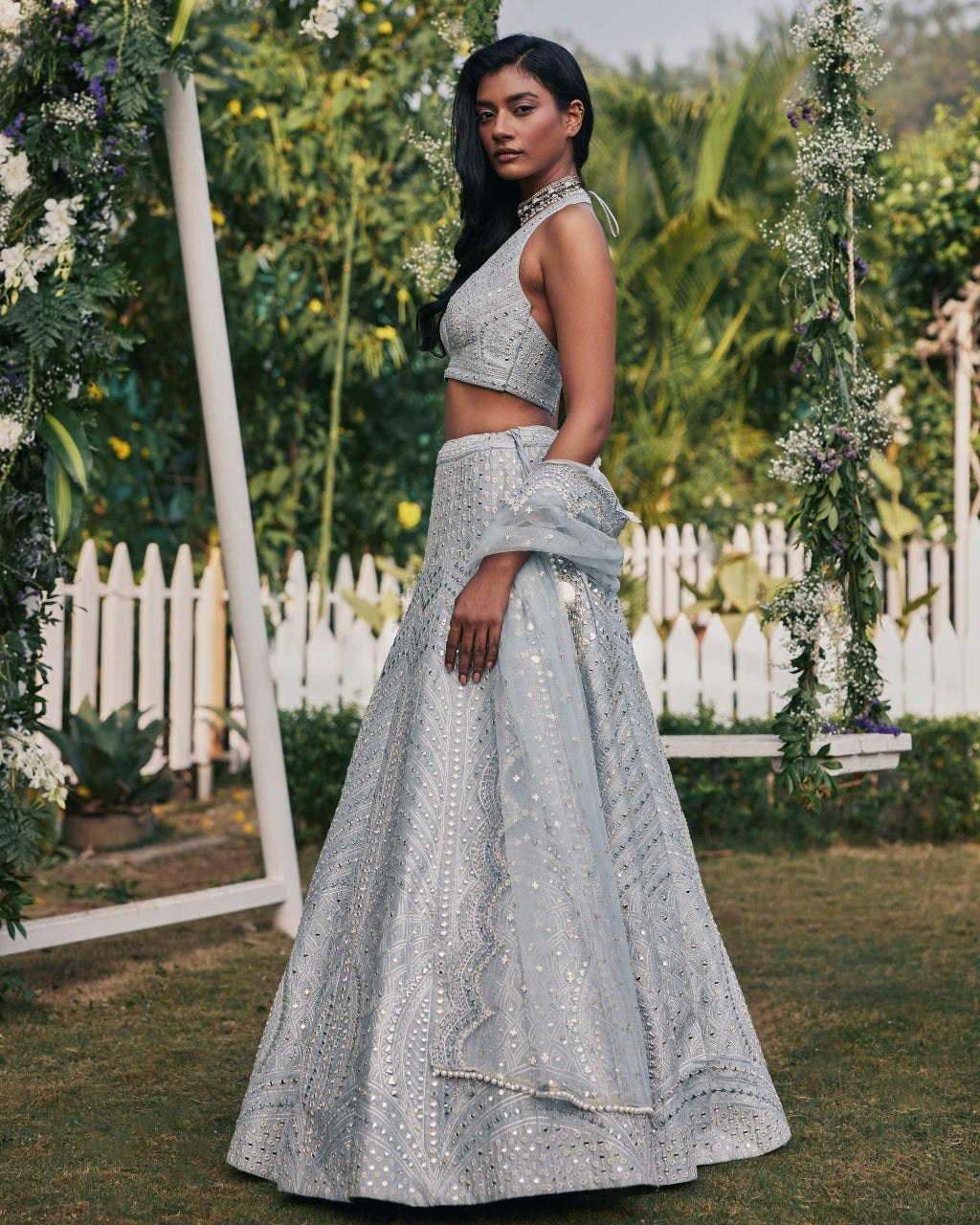 Jyoti Fashion Women's Steel Grey Heavy Banglori Silk Paper Mirror with Zari Thread & 3MM Sequins Embroidered Lehenga Choli with Dupatta | Swadesiicart