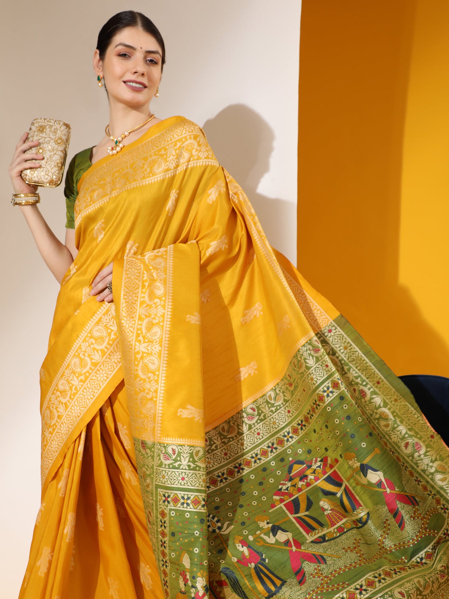 Jyoti Fashion Women's Yellow Soft Raw Silk Tow Tone Weaving Traditional Saree with Blouse | Swadesiicart