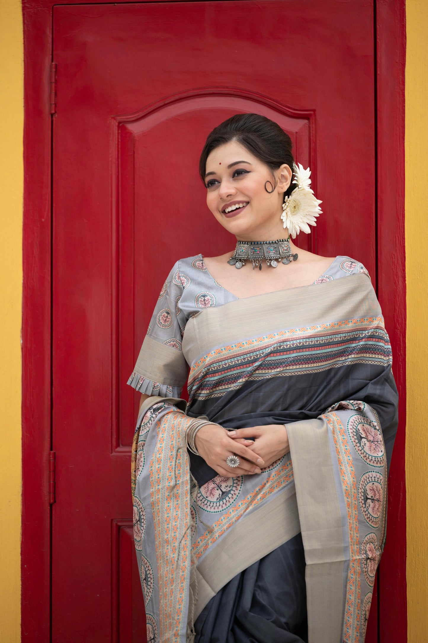 Jyoti Fashion Women's Black Soft Tussar Silk Traditional Print & Zari Border Saree with Blouse | Swadesiicart