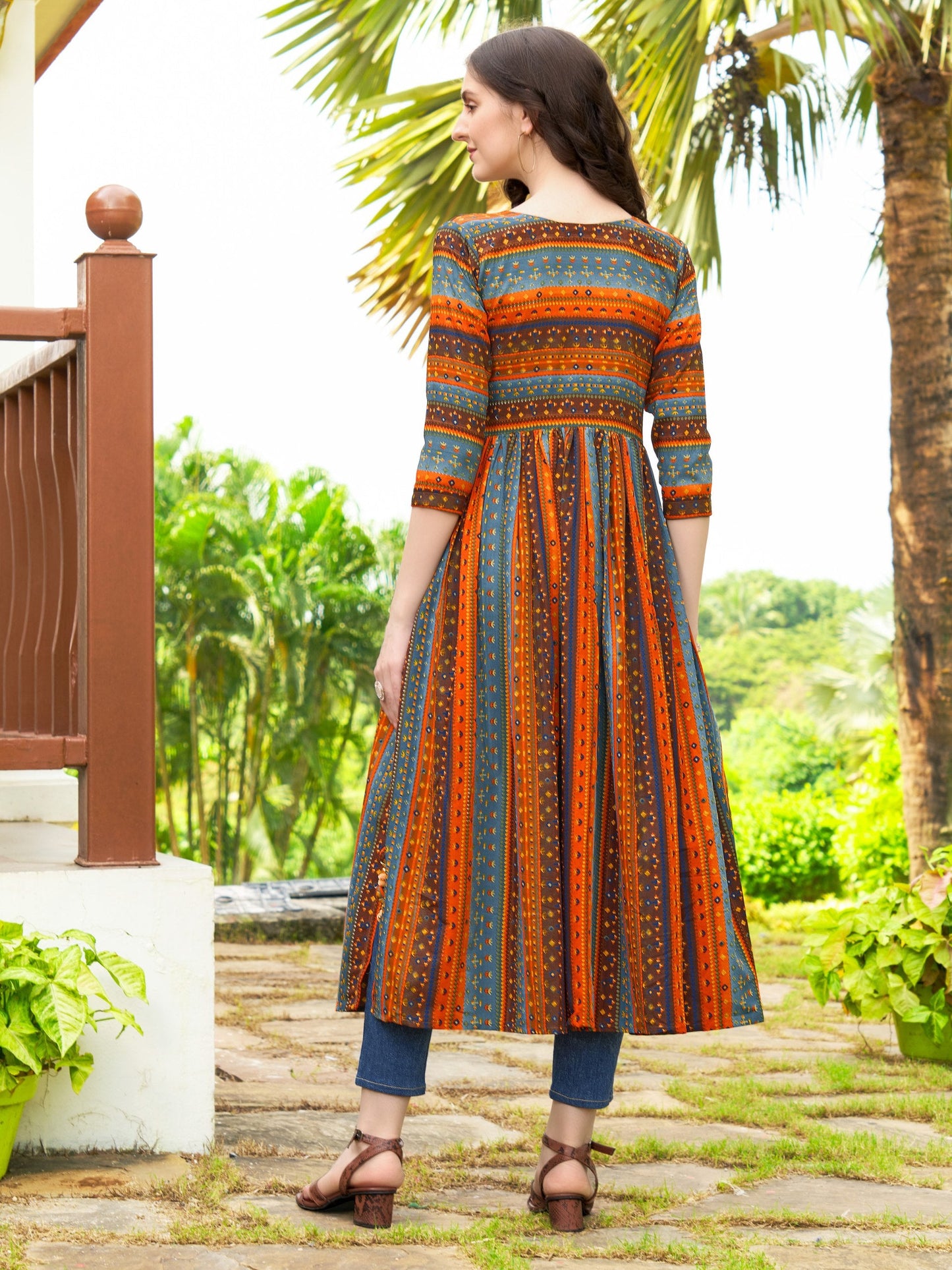 Jyoti Fashion Women's Orange Rayon Geometric Printed Casual Flared kurta | Swadesiicart