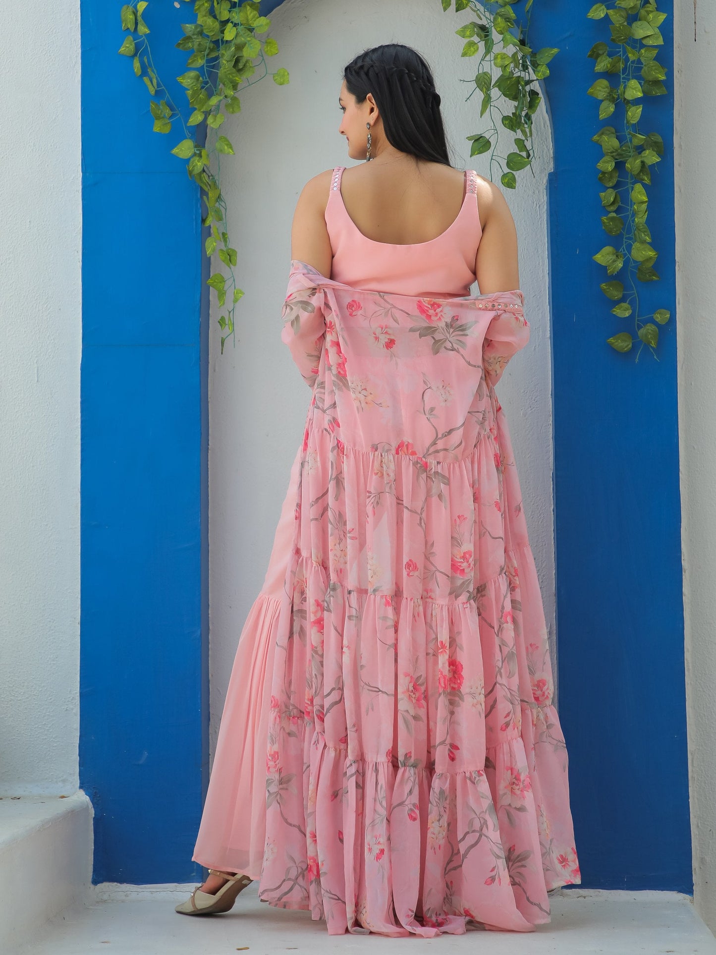 Jyoti Fashion Women's Baby Pink Georgette Sequins Choli with Printed Shrug & Sharara Set | Swadesiicart