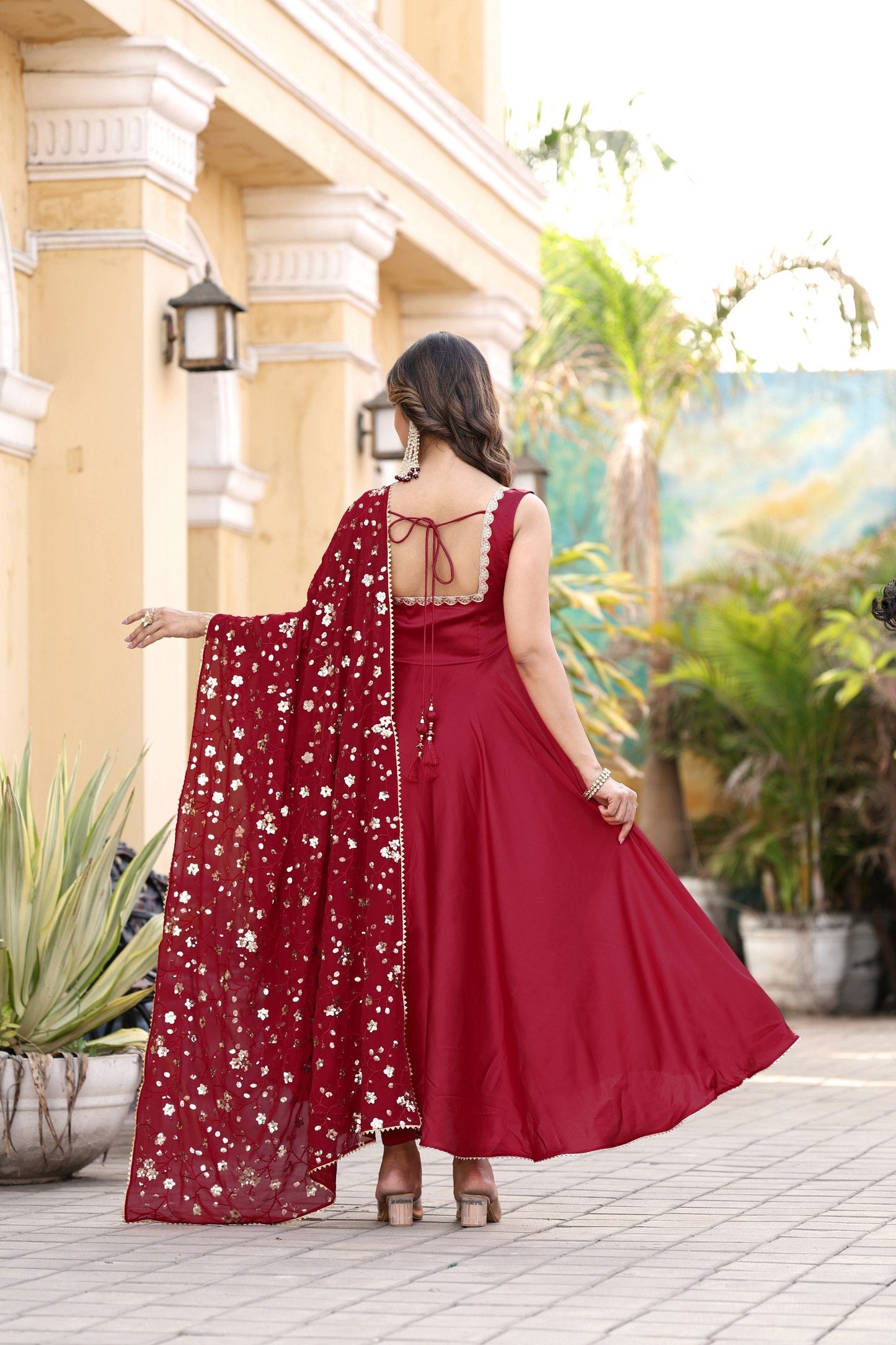 Jyoti Fashion Women's Cherry Red Satin Silk Lace Work Gown with Dupatta Set | Swadesiicart