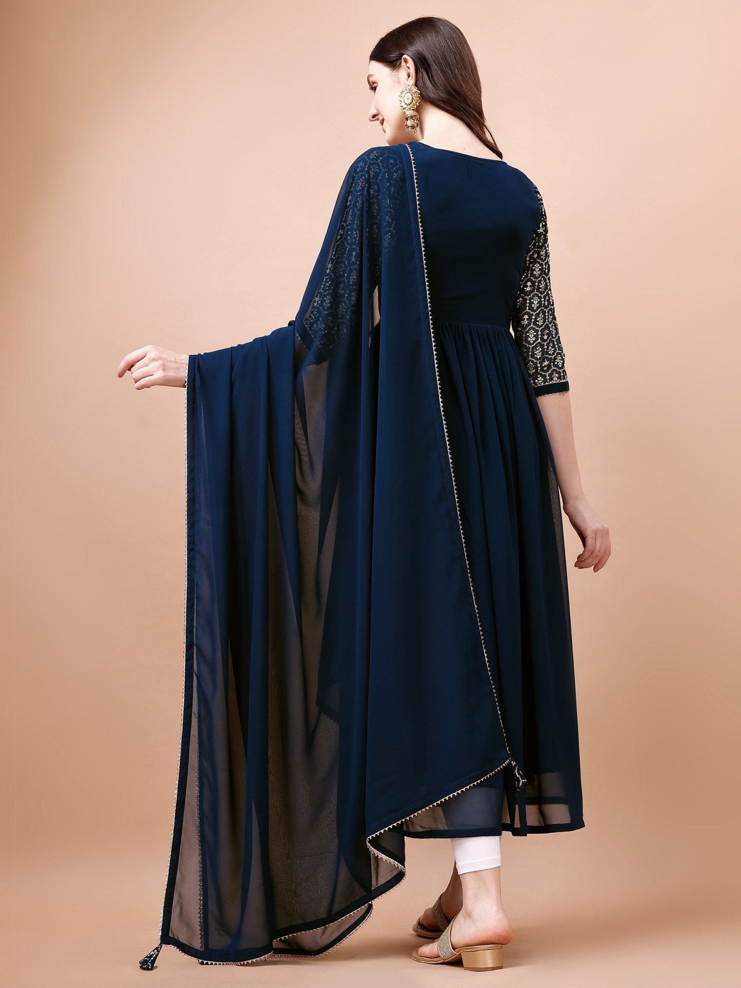 Jyoti Fashion Women's Navy Blue Georgette Foil Printed Gown with Dupatta Set | Swadesiicart