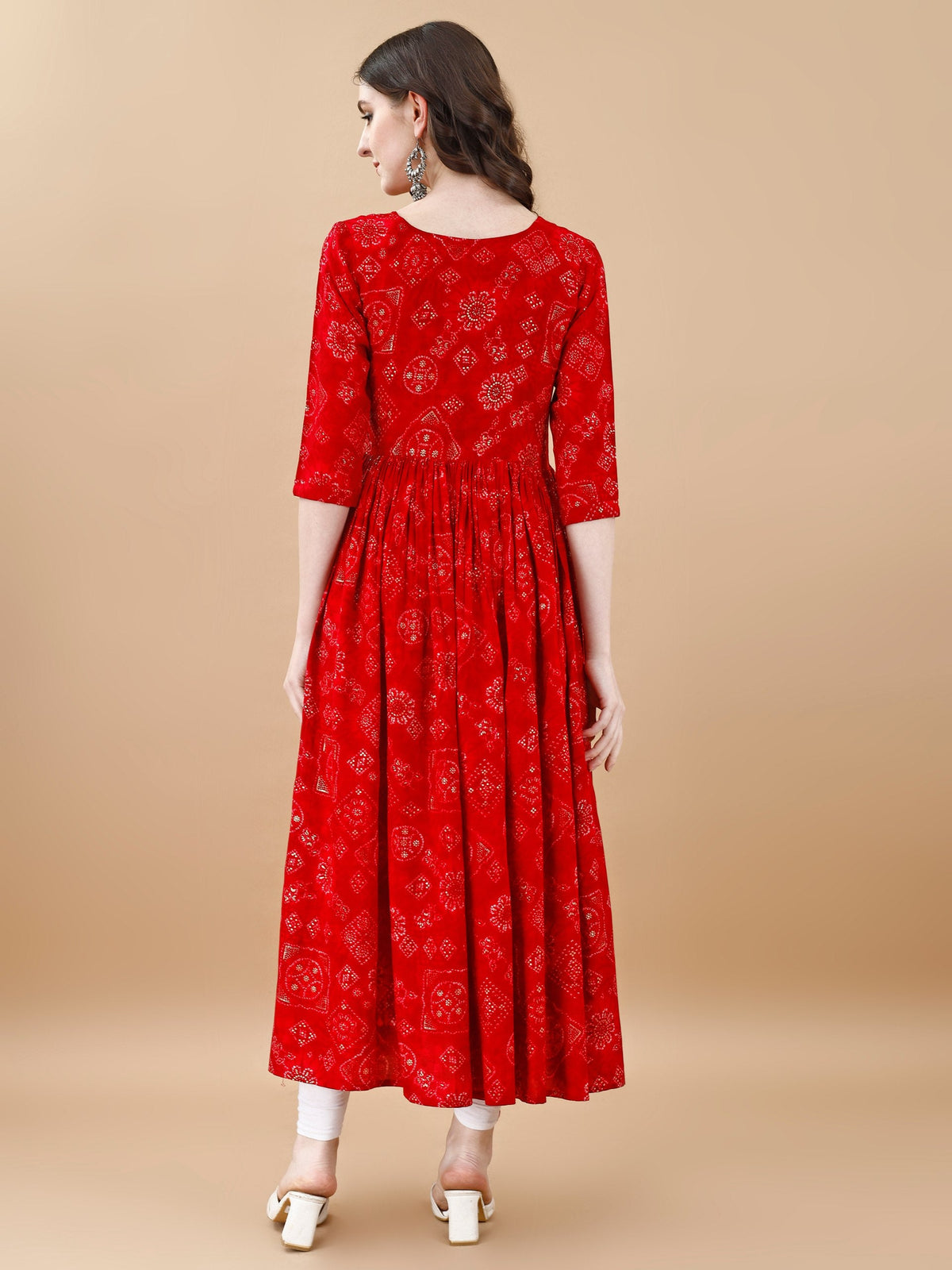 Jyoti Fashion Women's Red Rayon Bandhani Printed Casual Flared kurta