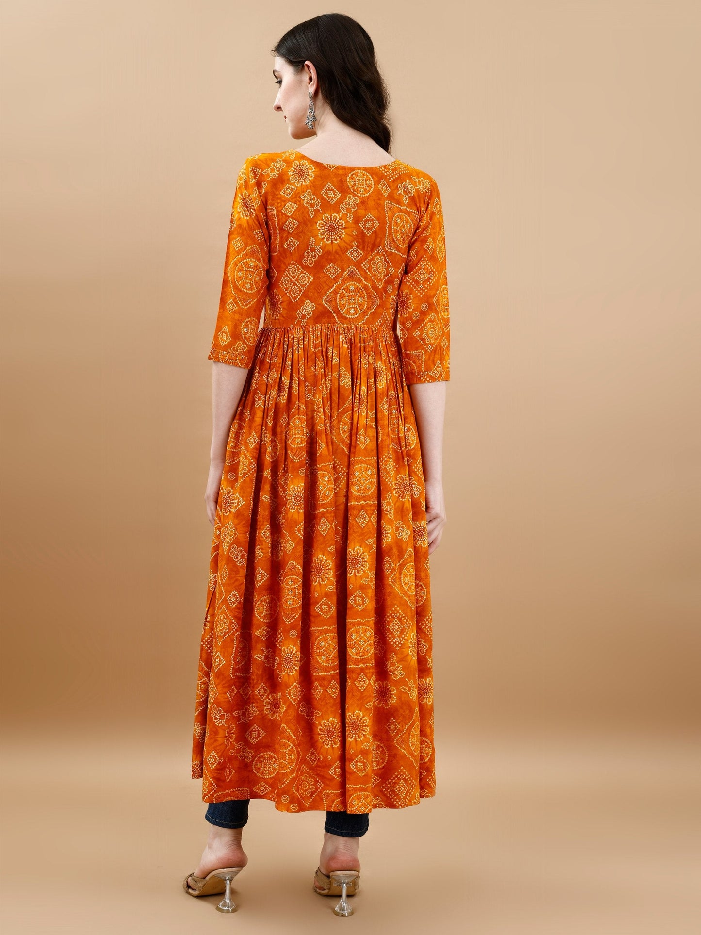 Jyoti Fashion Women's Mustard Rayon Bandhani Printed Casual Flared kurta | Swadesiicart