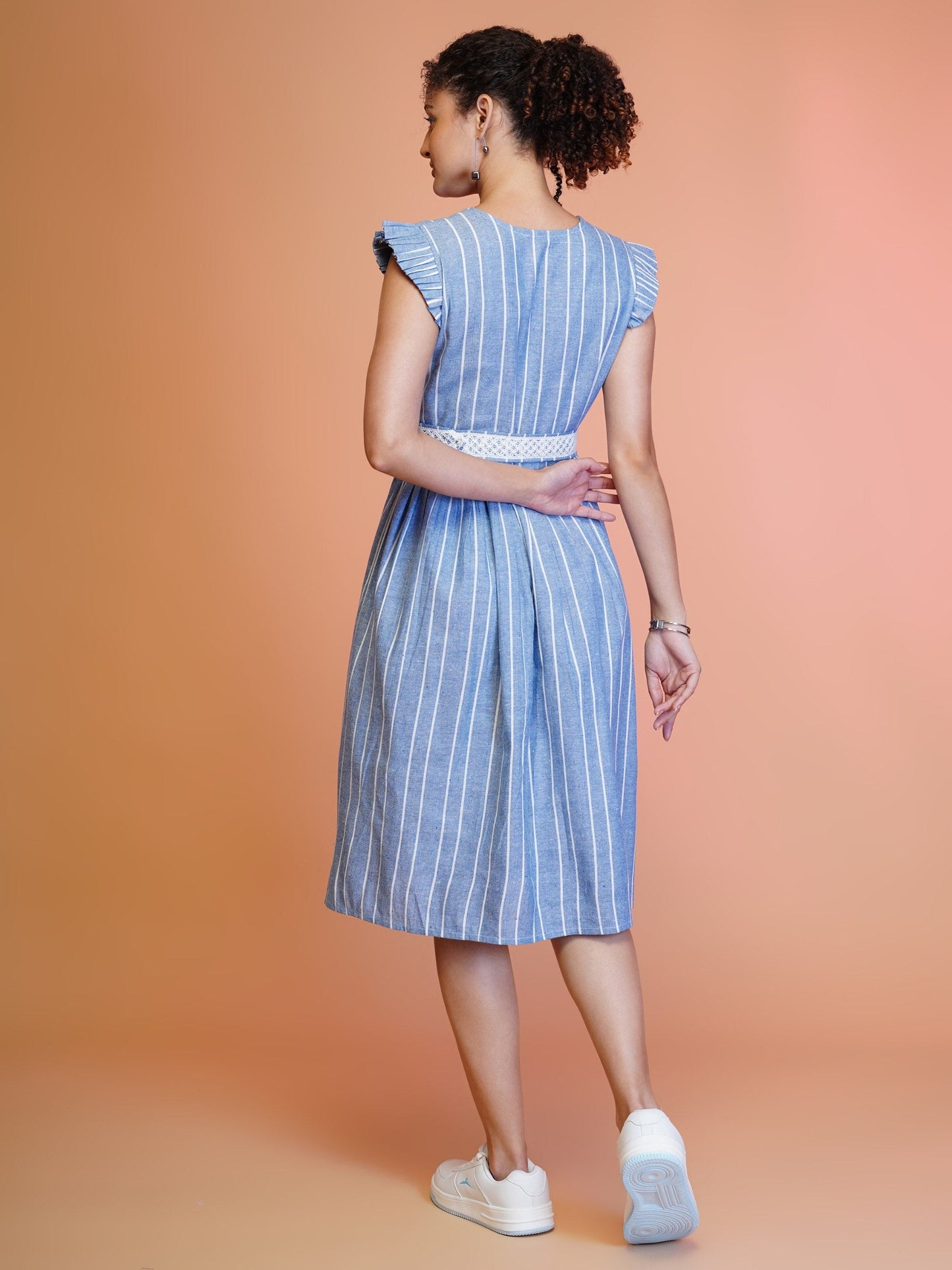 Jyoti Fashion Women's Blue Cotton Striped with Embroidered Belt Western Midi Dress | Swadesiicart