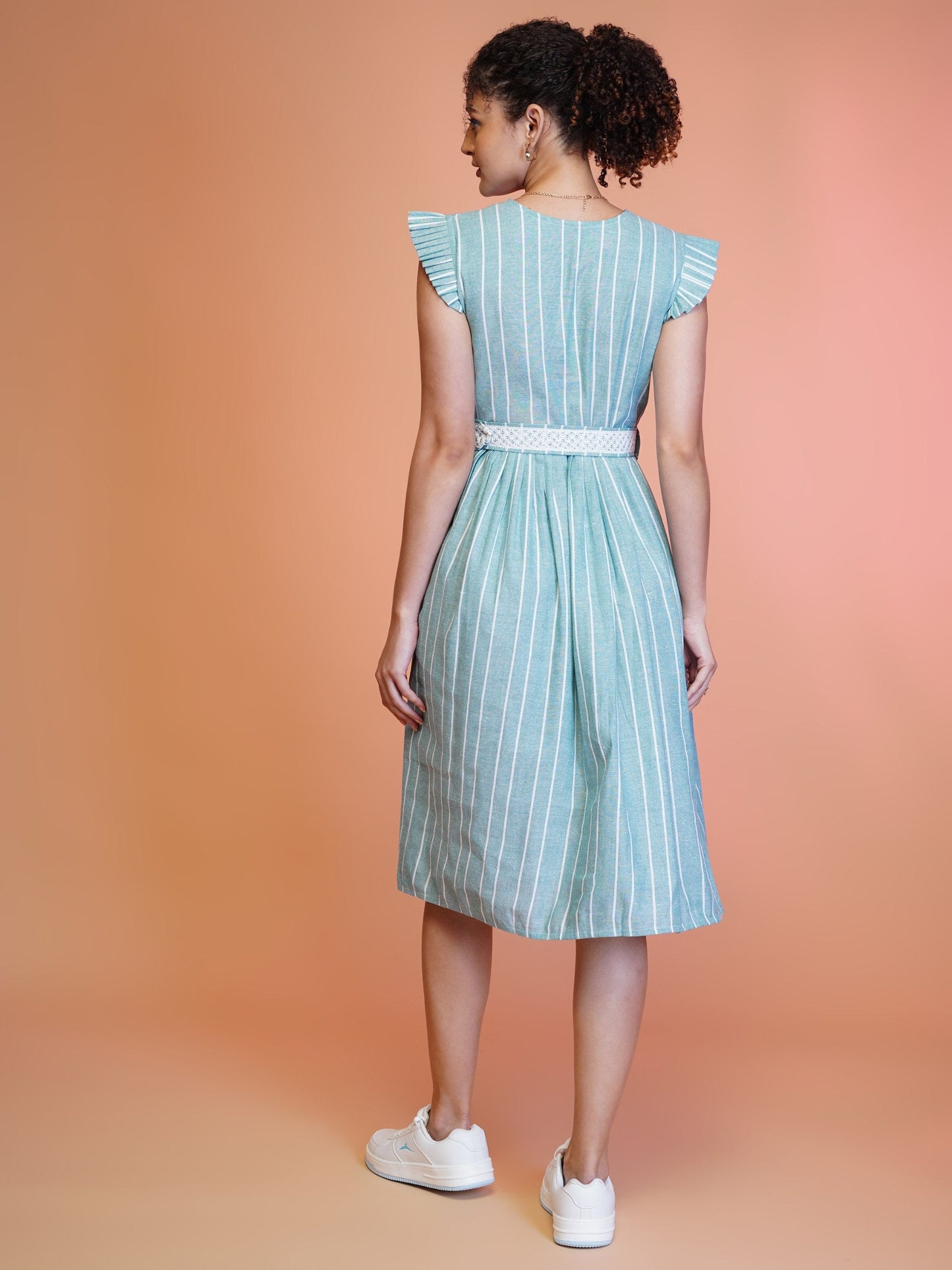 Jyoti Fashion Women's Sea Green Cotton Striped with Embroidered Belt Western Midi Dress | Swadesiicart