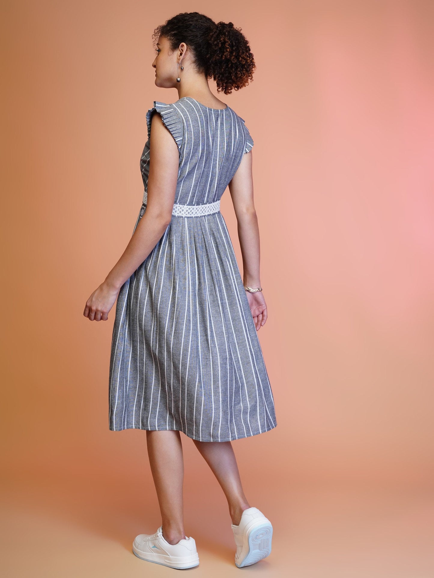 Jyoti Fashion Women's Grey Cotton Striped with Embroidered Belt Western Midi Dress | Swadesiicart
