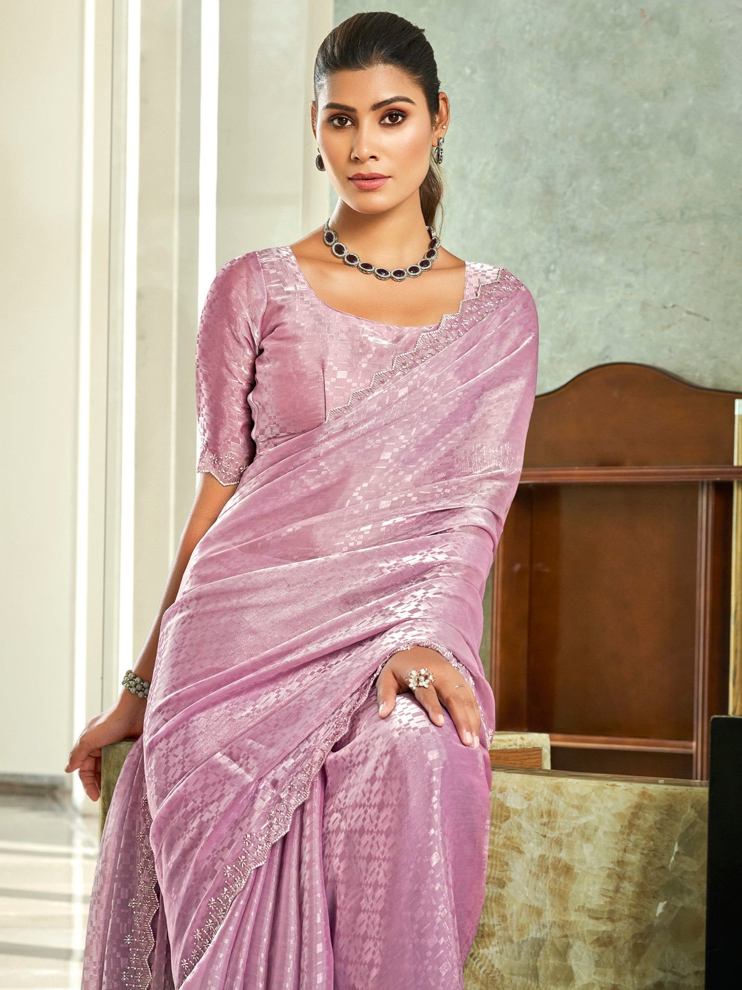 Jyoti Fashion Women's Pink Silk Blend Embellished Border with Beads & Crystal Cutwork Saree with Blouse | Swadesiicart