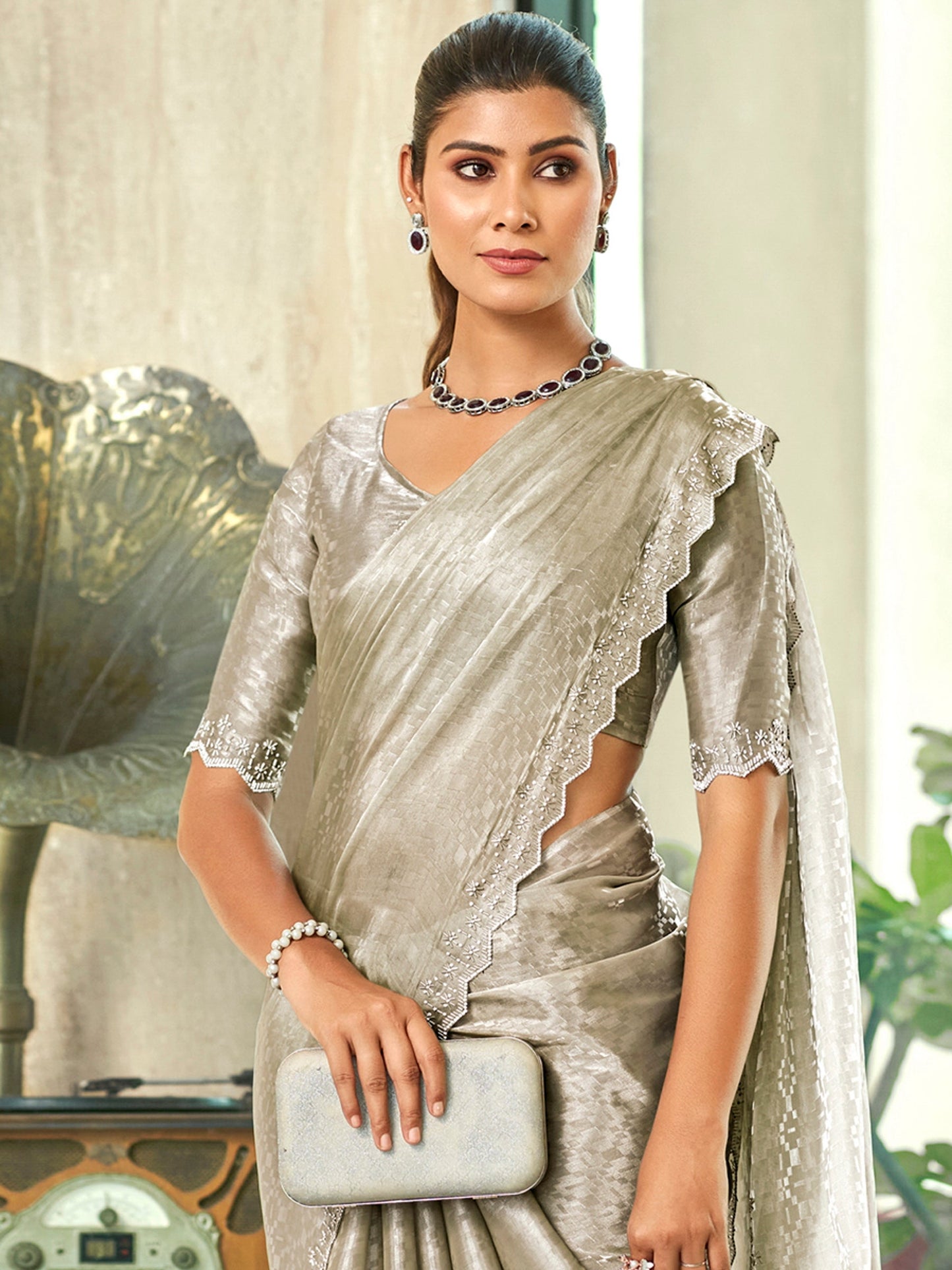 Jyoti Fashion Women's Silver Silk Blend Embellished Border with Beads & Crystal Cutwork Saree with Blouse | Swadesiicart