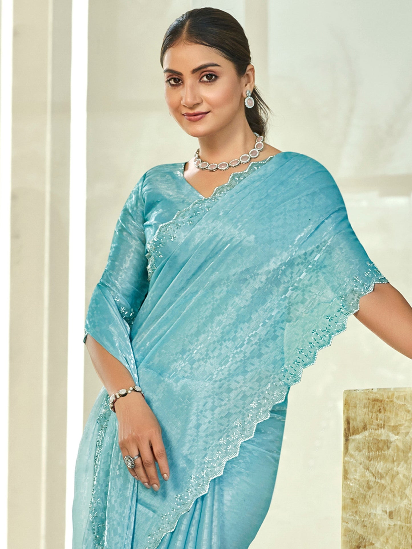 Jyoti Fashion Women's Sky Blue Silk Blend Embellished Border with Beads & Crystal Cutwork Saree with Blouse | Swadesiicart