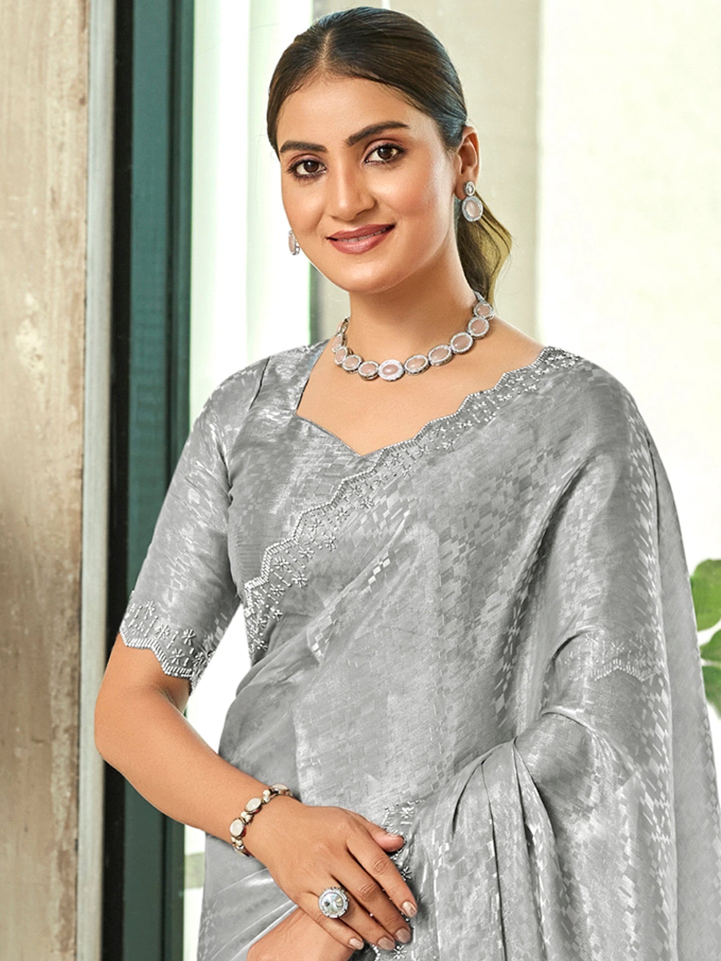 Jyoti Fashion Women's Grey Silk Blend Embellished Border with Beads & Crystal Cutwork Saree with Blouse | Swadesiicart