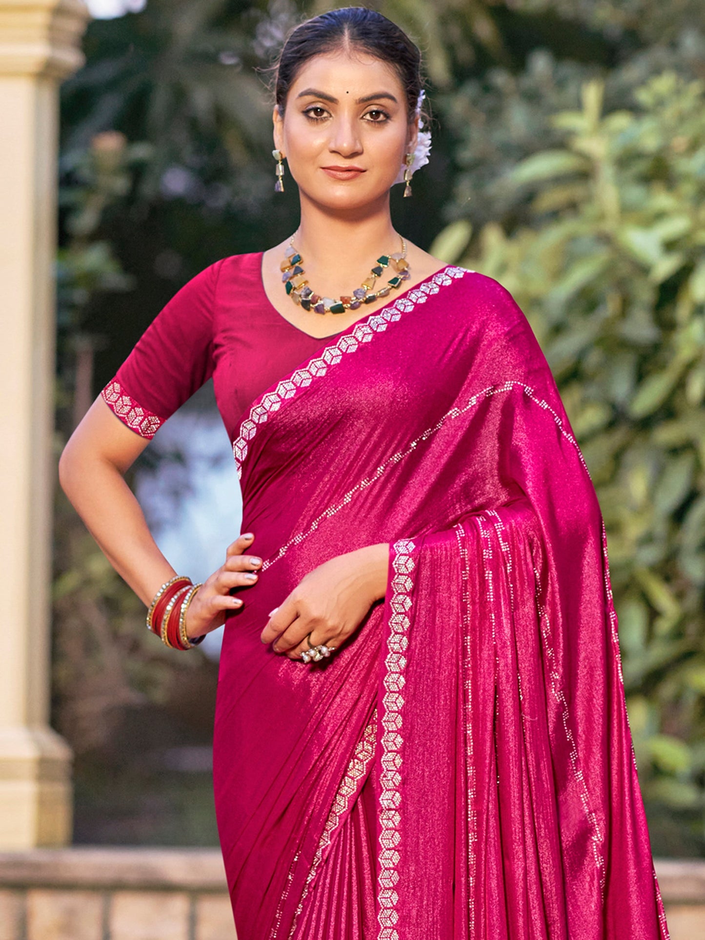 Jyoti Fashion Women's Magenta Shimmer Chiffon Embellished Border with Crystal Lines Saree with Blouse | Swadesiicart