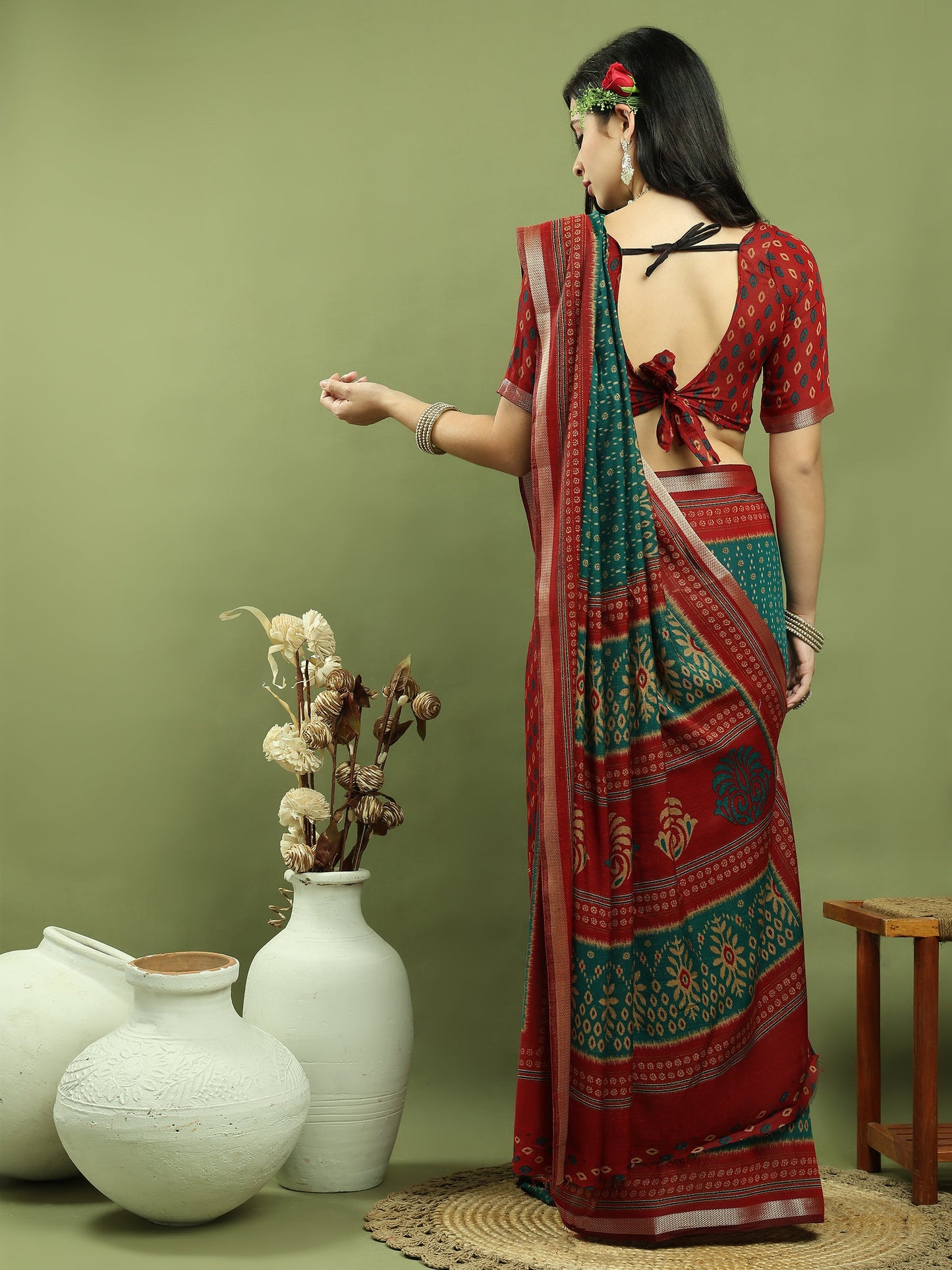 Jyoti Fashion Women's Teal Silk Blend Ikat Floral Print with Jari Border Saree with Blouse | Swadesiicart