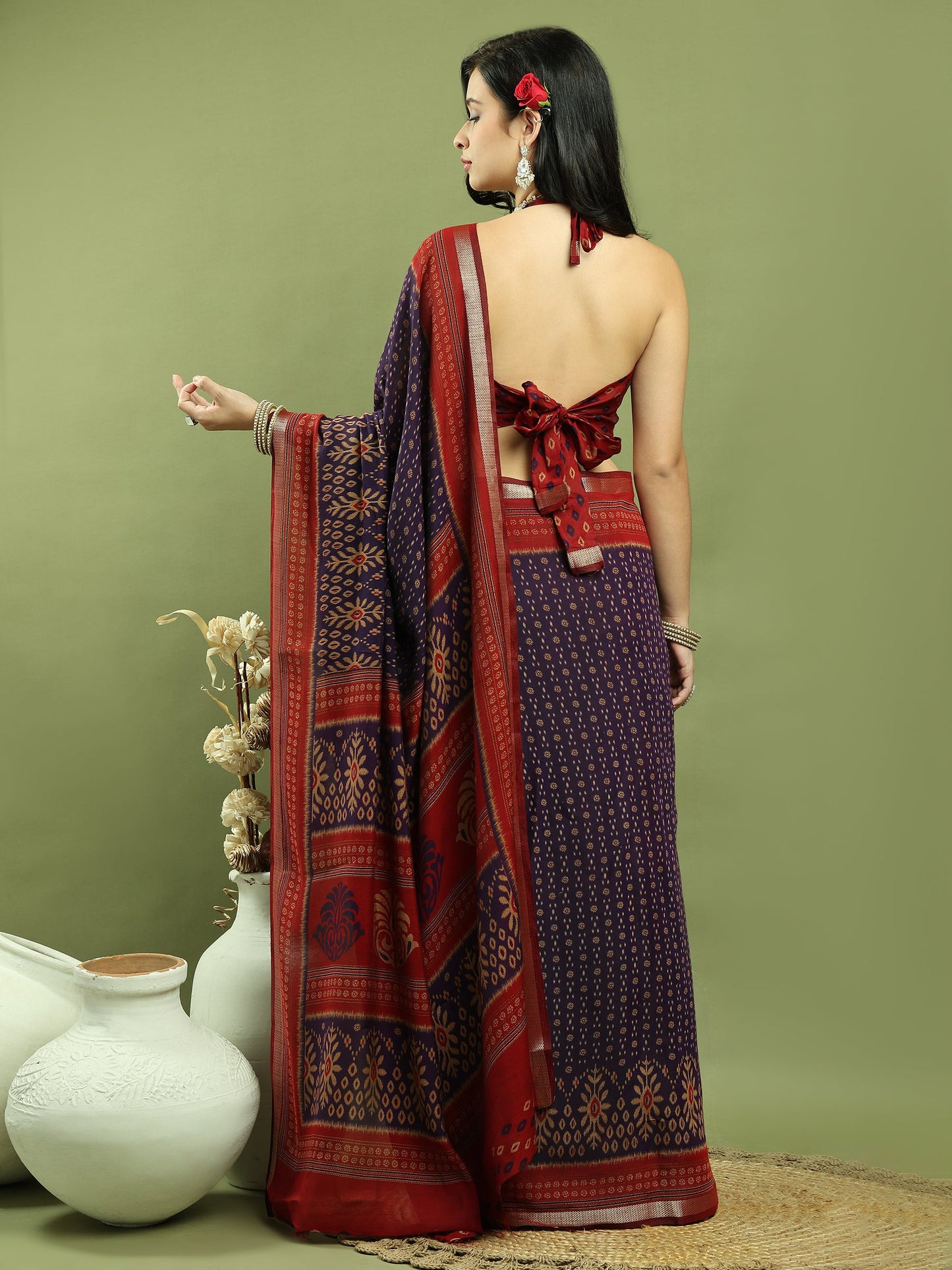 Jyoti Fashion Women's Violet Silk Blend Ikat Floral Print with Jari Border Saree with Blouse | Swadesiicart