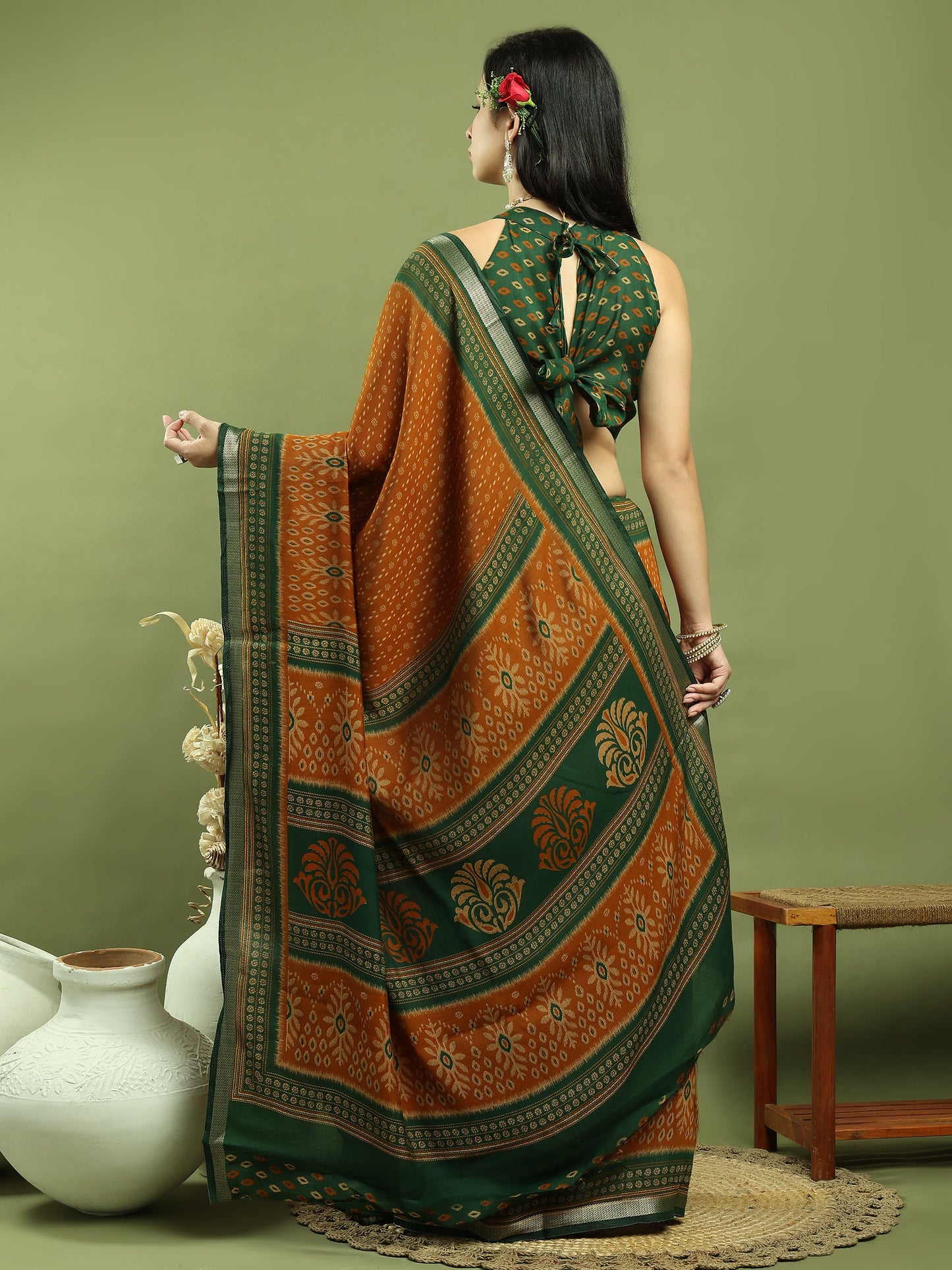 Jyoti Fashion Women's Mustard Silk Blend Ikat Floral Print with Jari Border Saree with Blouse | Swadesiicart