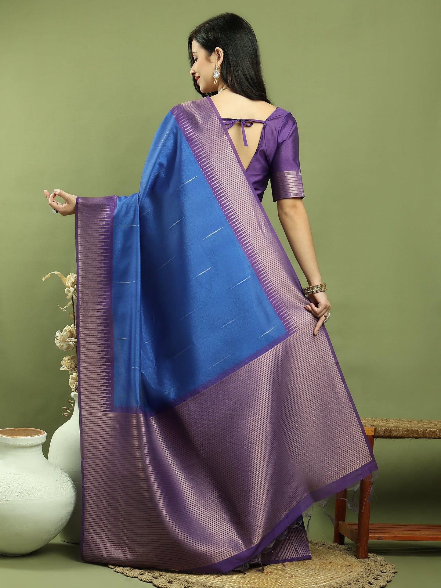 Jyoti Fashion Women's Blue Silk Blend Ikat Jari Weaving Pattern with Jari Border Saree with Blouse | Swadesiicart