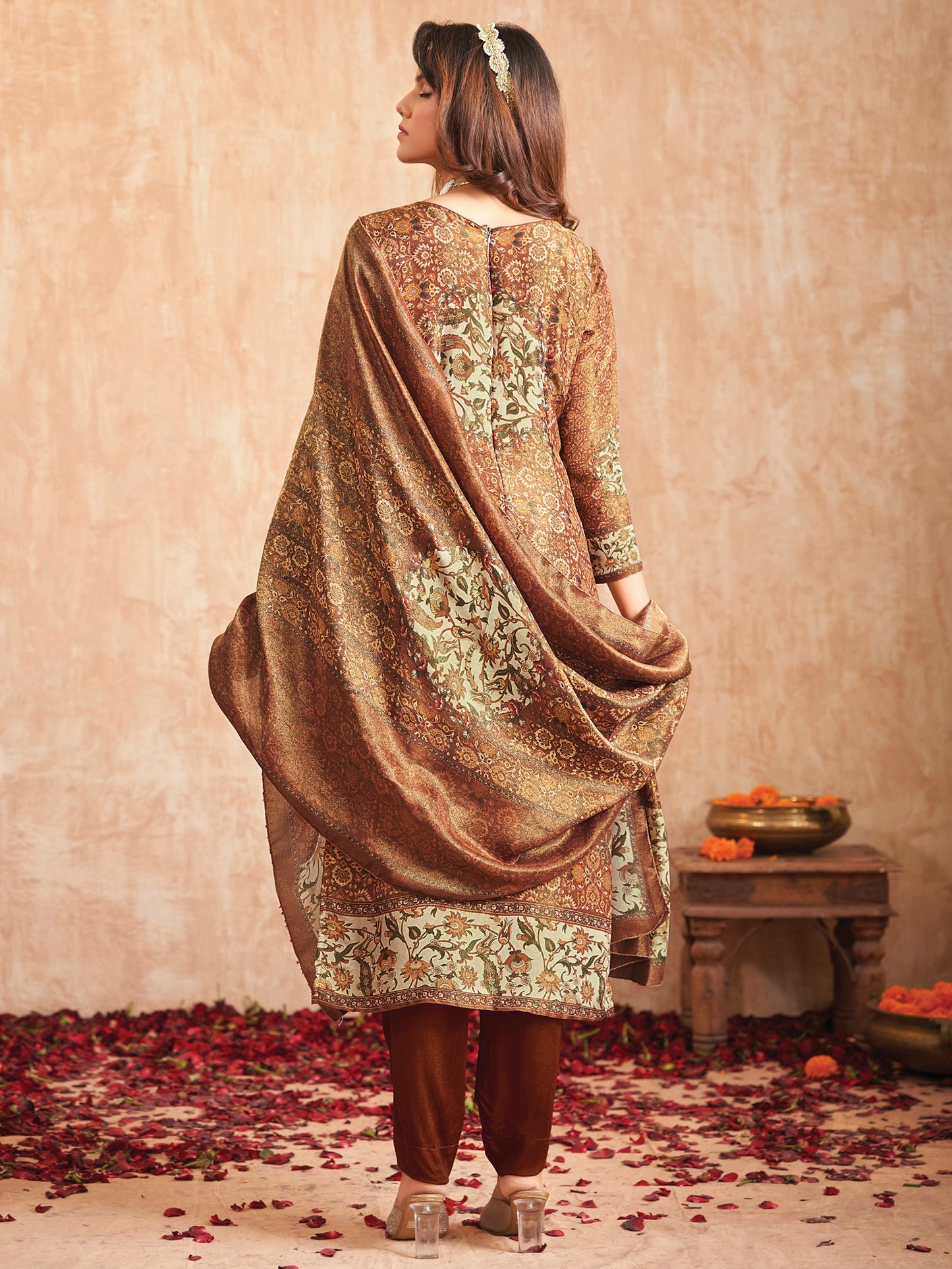 Jyoti Fashion Women's Brown Pure Tissue Shimmer Floral Digital Print With Zardoshi Hand Work Salwar Suit Set | Swadesiicart
