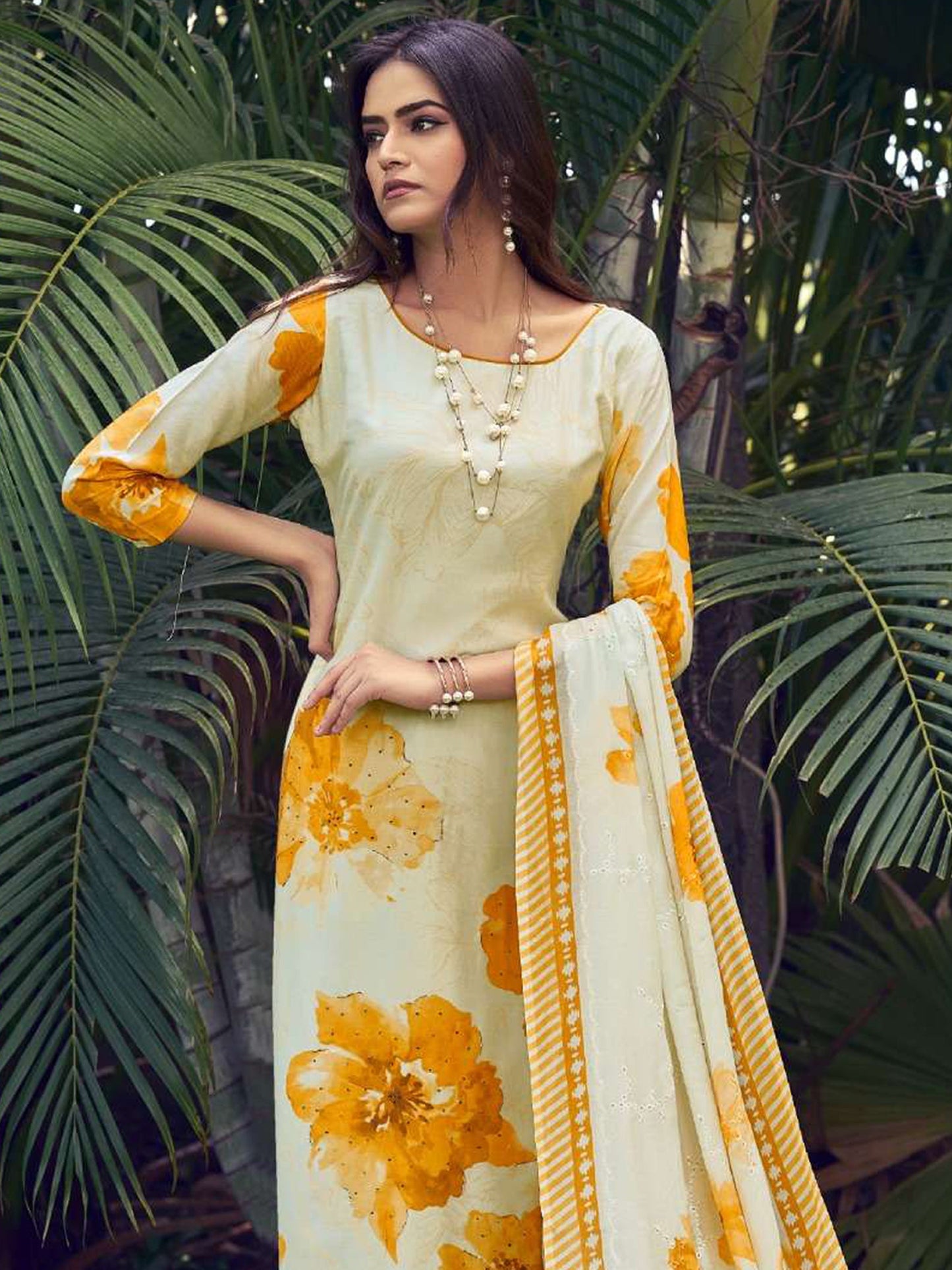 Jyoti Fashion Women's Cream Muslin Floral Digital Print with Sequins Work Salwar Suit Set | Swadesiicart