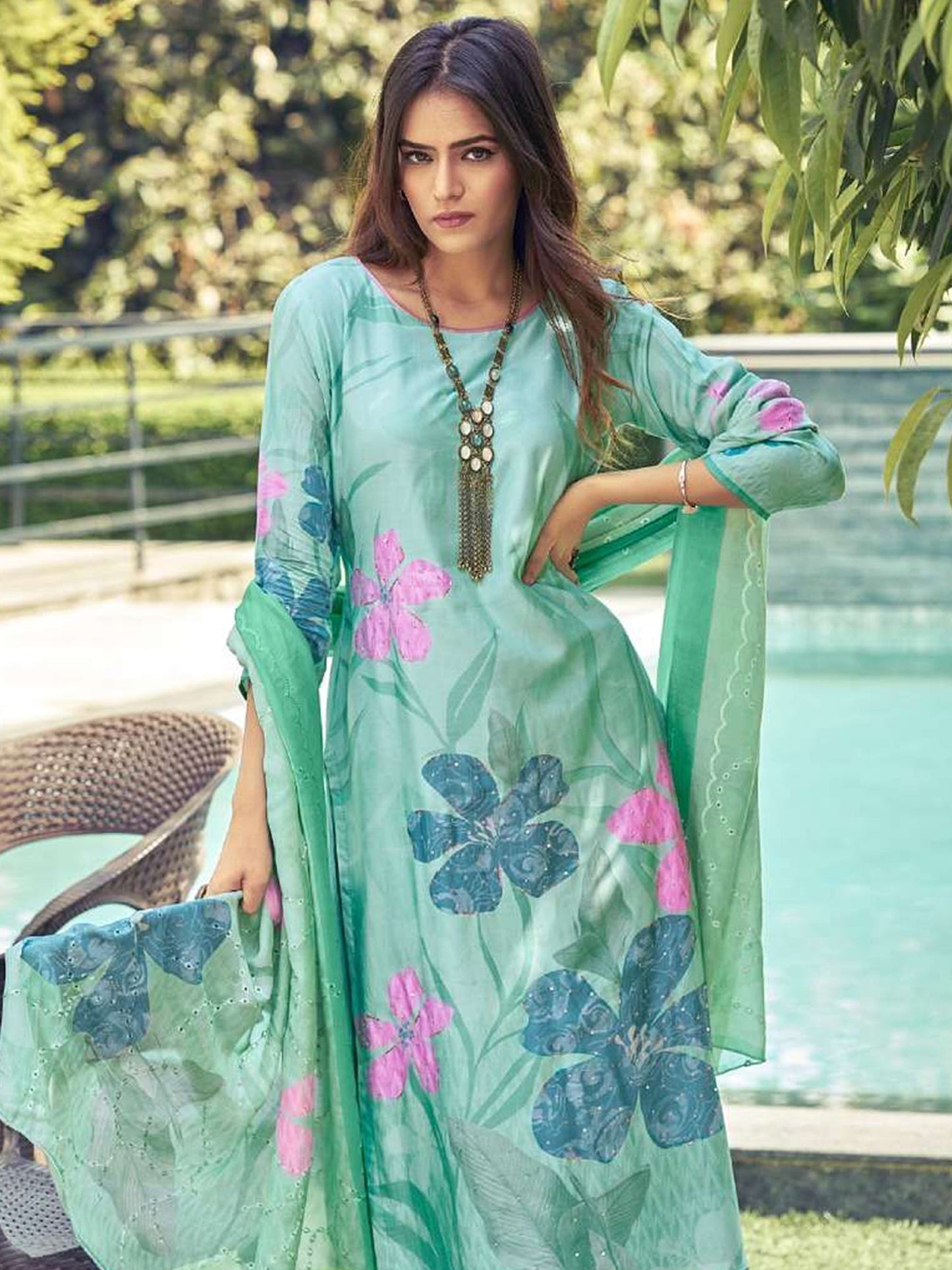Jyoti Fashion Women's Green Muslin Floral Digital Print with Sequins Work Salwar Suit Set | Swadesiicart