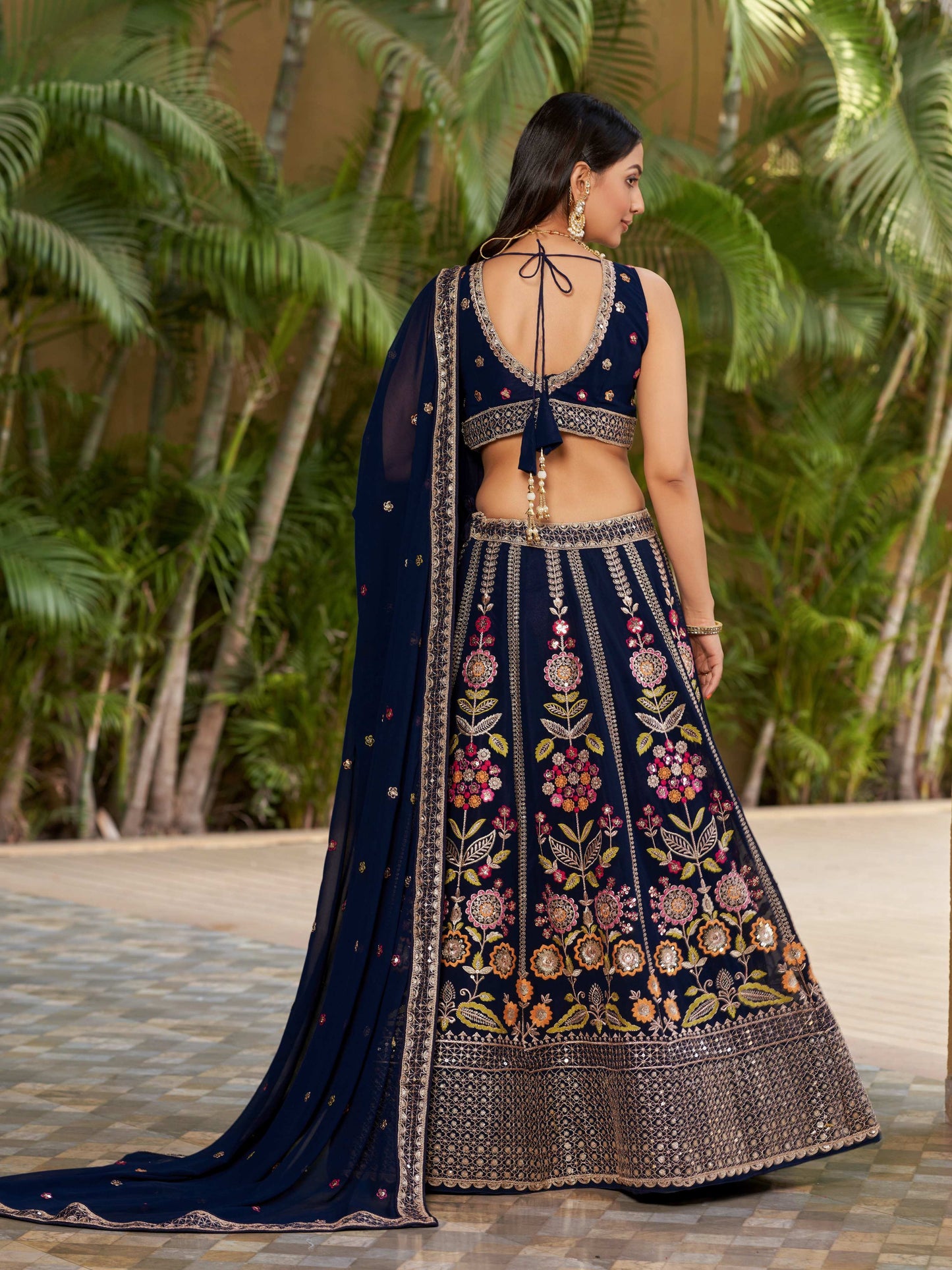 Jyoti Fashion Women's Navy Blue Georgette Zari & Heavy Sequin Embroidery Lehenga Choli & Dupatta | Swadesiicart