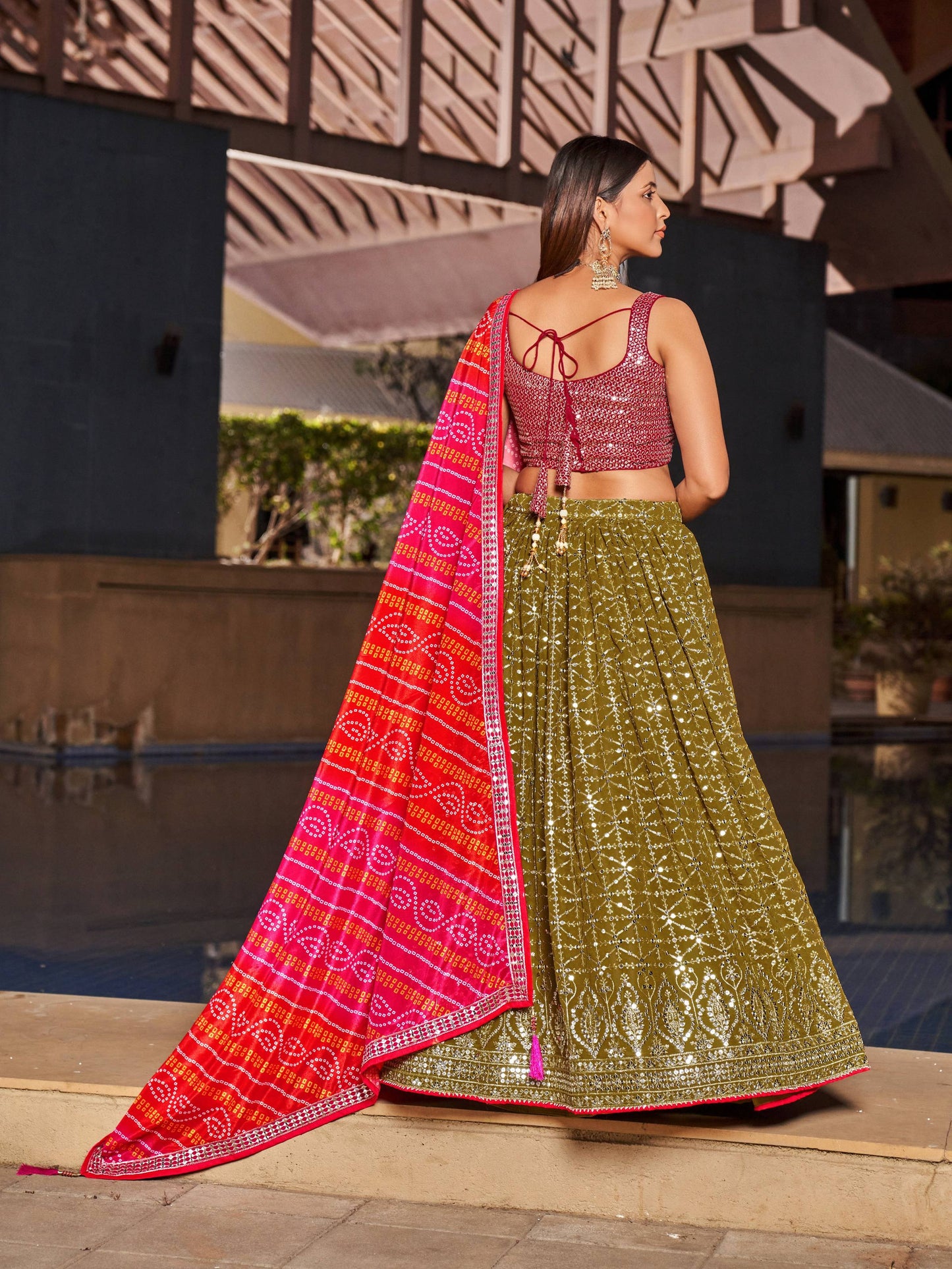 Jyoti Fashion Women's Olive Georgette Zari & Heavy Sequin Embroidery Lehenga Choli & Dupatta | Swadesiicart