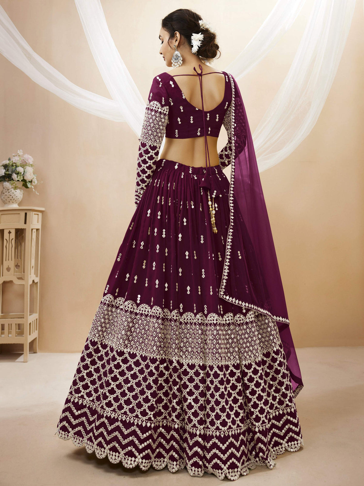 Jyoti Fashion Women's Wine Georgette Sequins Zari Embroidered Lehenga Choli & Dupatta