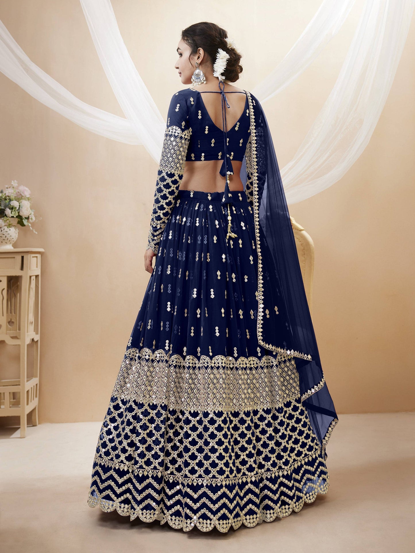 Jyoti Fashion Women's Navy Blue Georgette Sequins Zari Embroidered Lehenga Choli & Dupatta | Swadesiicart