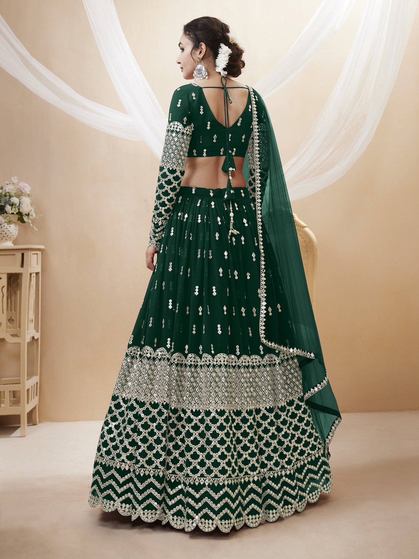 Jyoti Fashion Women's Green Georgette Sequins Zari Embroidered Lehenga Choli & Dupatta | Swadesiicart