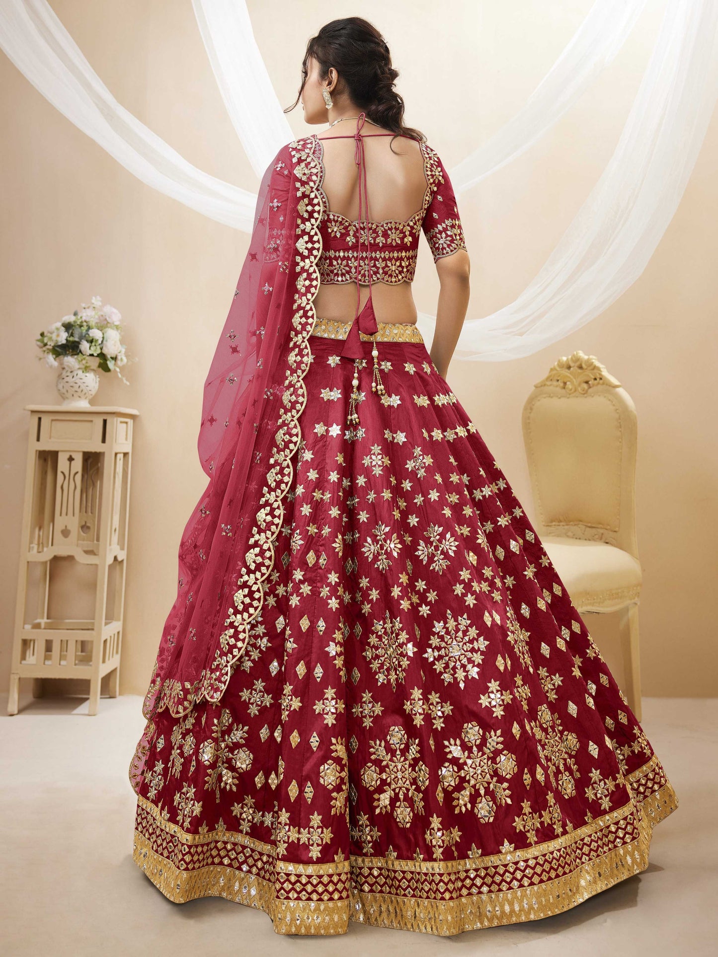 Jyoti Fashion Women's Red Art Silk Sequins with Foil & Zari Embroidered Lehenga Choli & Dupatta | Swadesiicart