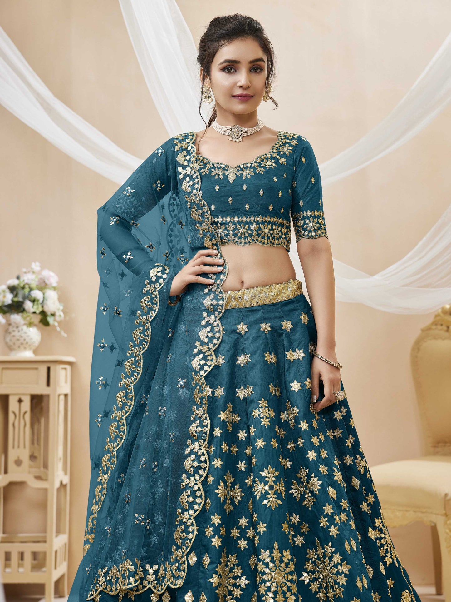 Jyoti Fashion Women's Blue Art Silk Sequins with Foil & Zari Embroidered Lehenga Choli & Dupatta | Swadesiicart