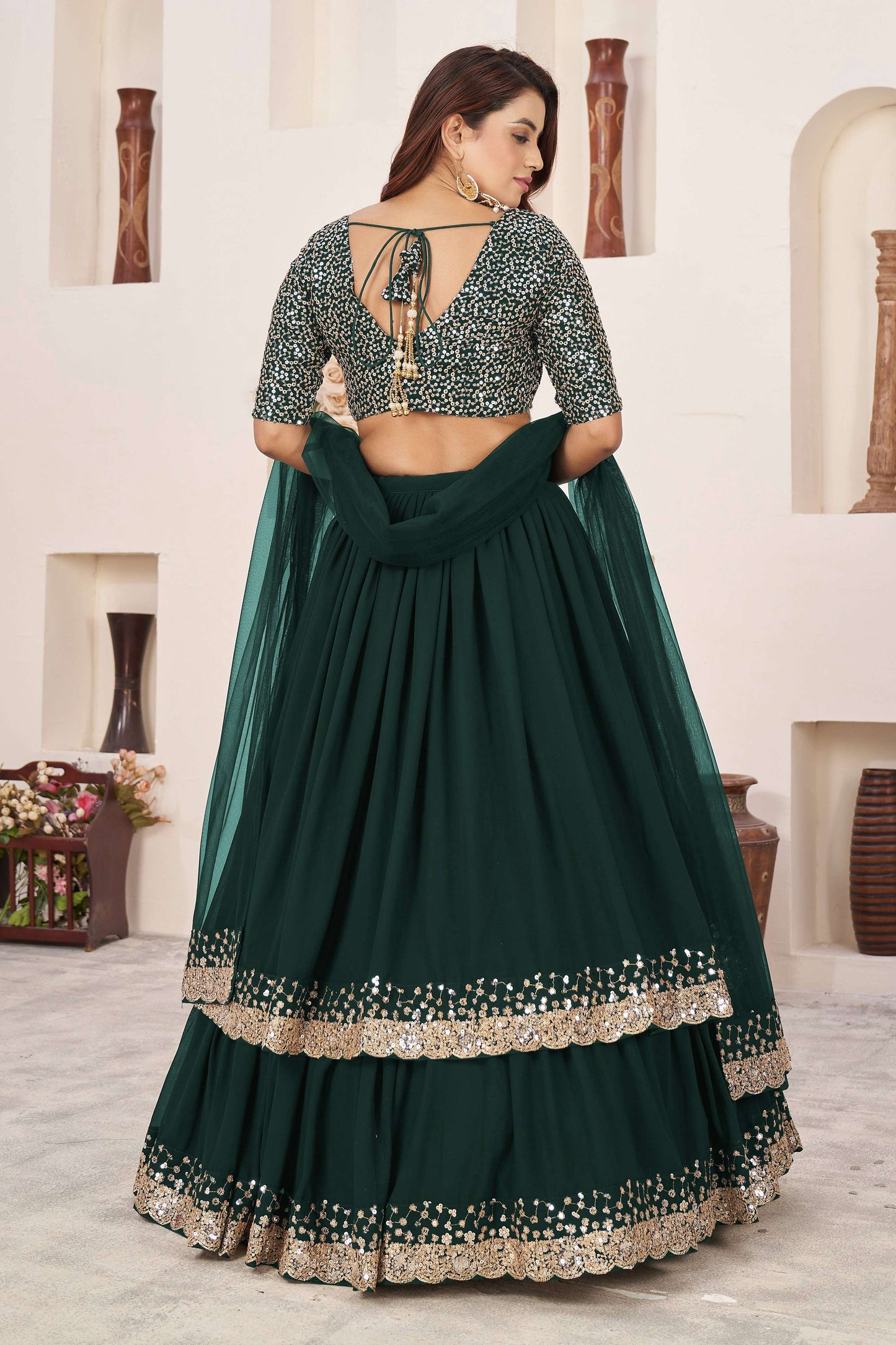 Jyoti Fashion Women's Green Georgette Sequins Zari Embroidered Lehenga Choli & Dupatta | Swadesiicart