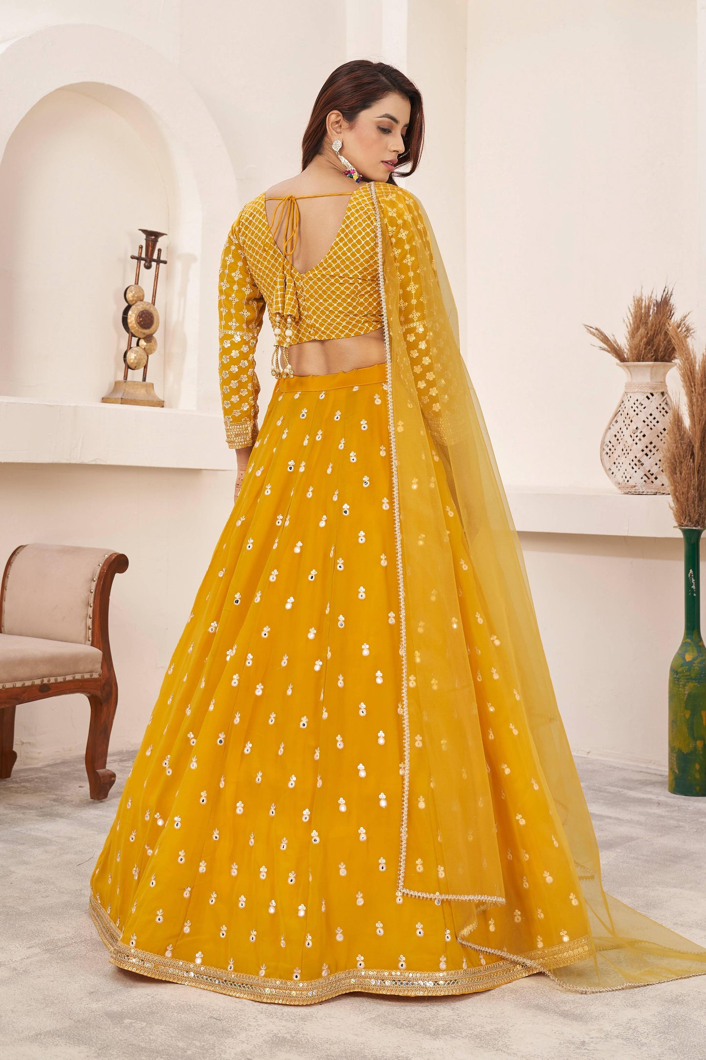 Jyoti Fashion Women's Yellow Georgette Multi Colored Thread with Sequins Embroidered Lehenga Choli & Dupatta | Swadesiicart