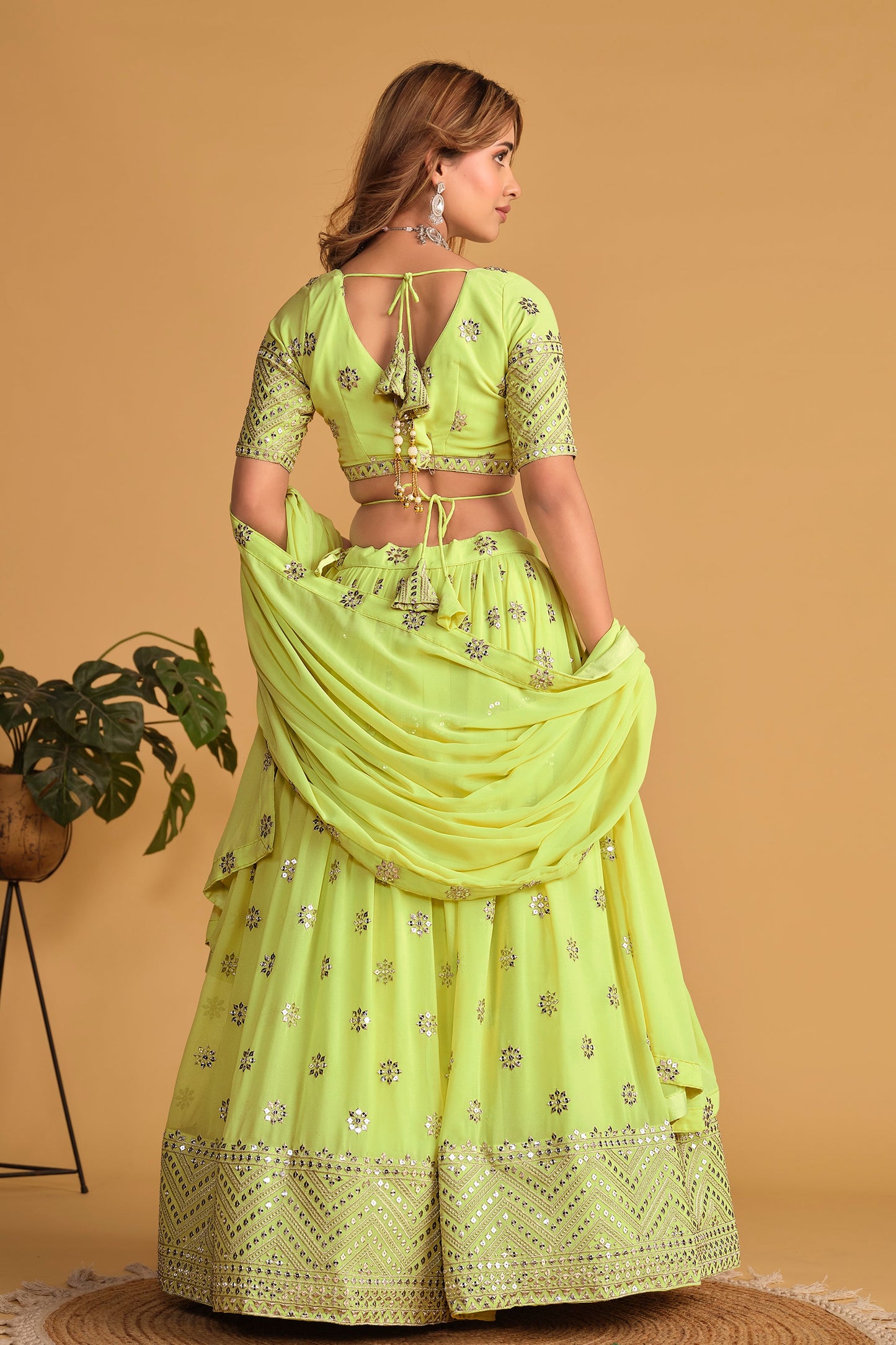 Jyoti Fashion Women's Neon Georgette Sequins Zari Embroidered Lehenga Choli & Dupatta | Swadesiicart