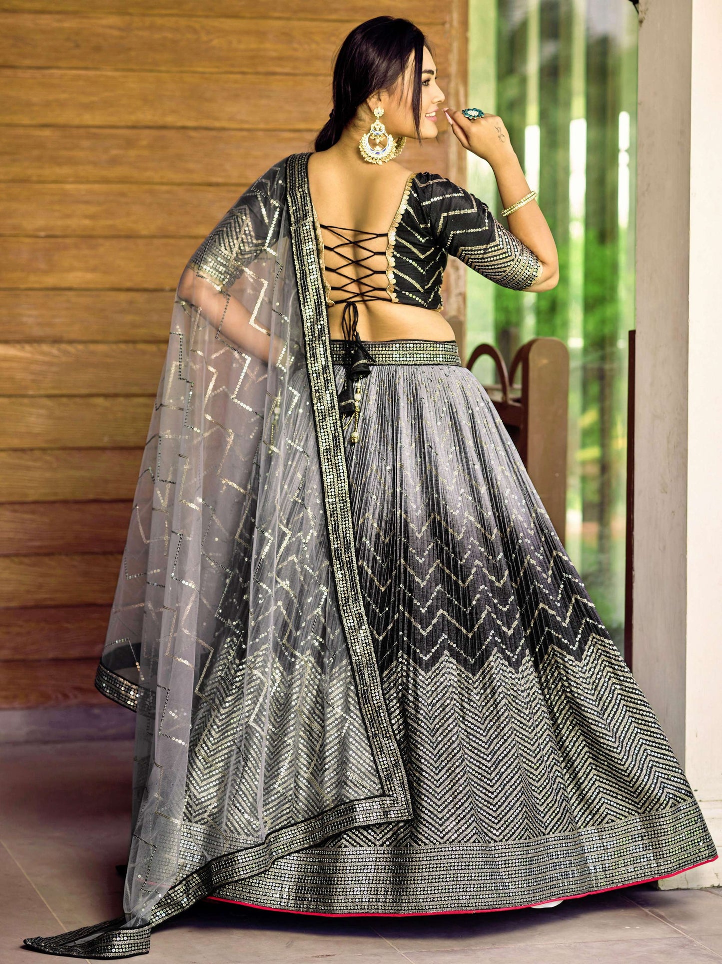 Jyoti Fashion Women's Black Chinon Sequins Thread Embroidered Lehenga Choli & Dupatta | Swadesiicart
