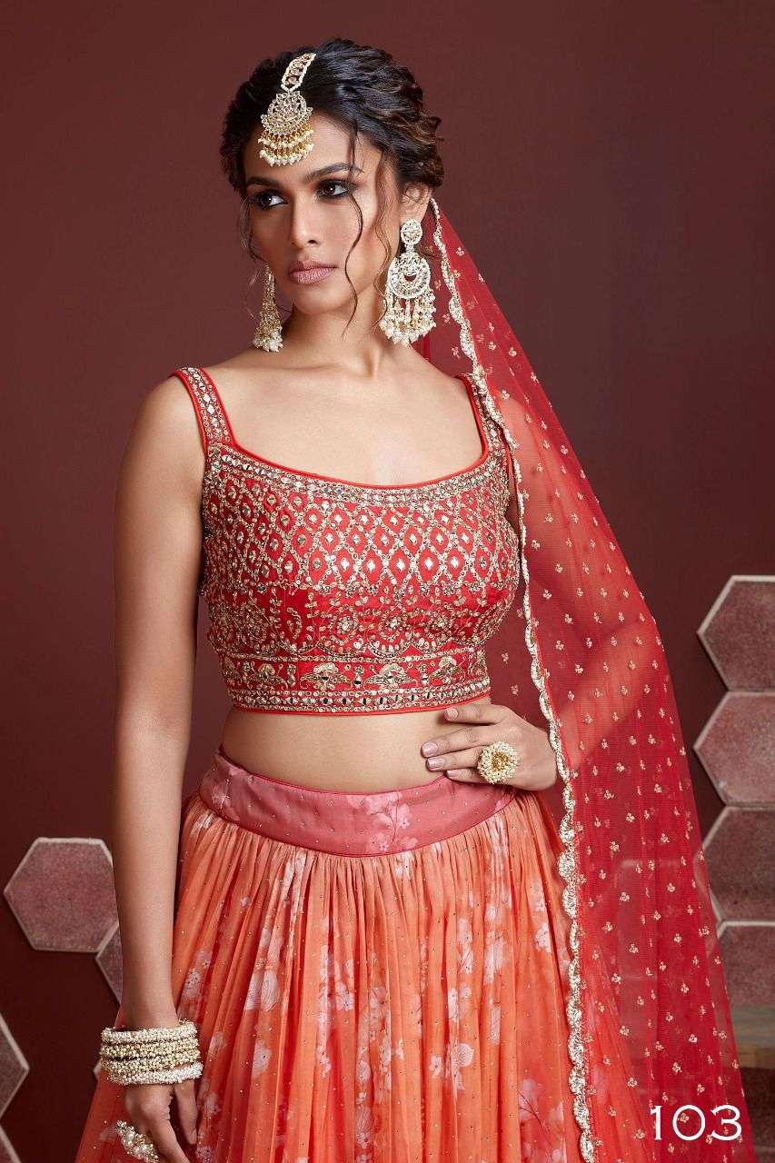 Jyoti Fashion Women's Orange Organza Silk Digital Print with Heavy Embroidered Lehenga Choli & Dupatta | Swadesiicart