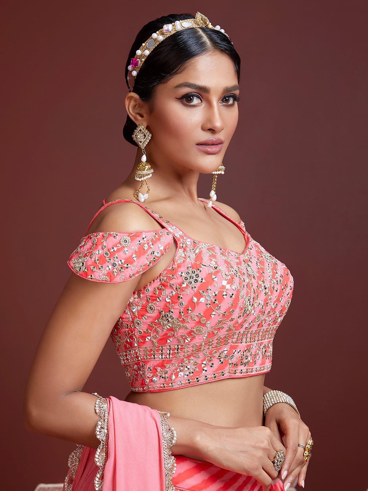 Jyoti Fashion Women's Peach Organza Silk Sequins Zari Embroidered Lehenga Choli & Dupatta | Swadesiicart
