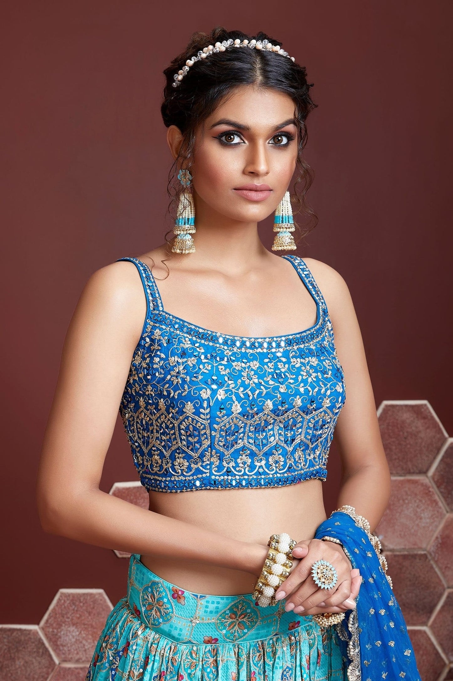 Jyoti Fashion Women's Sky Blue Pure Chinon Silk Digital Print with Heavy Embroidered Lehenga Choli & Dupatta | Swadesiicart