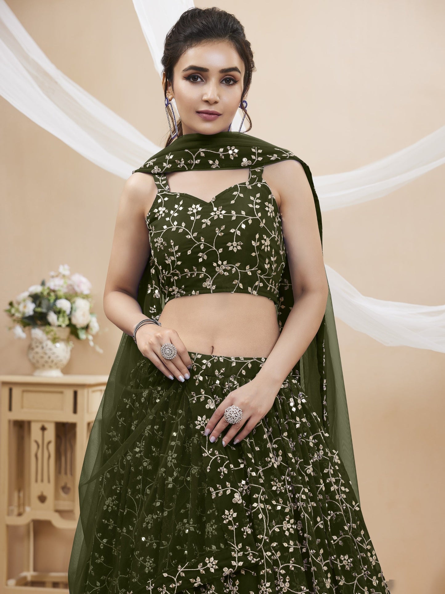 Jyoti Fashion Women's Green Georgette Sequins Zari Embroidered Lehenga Choli & Dupatta | Swadesiicart