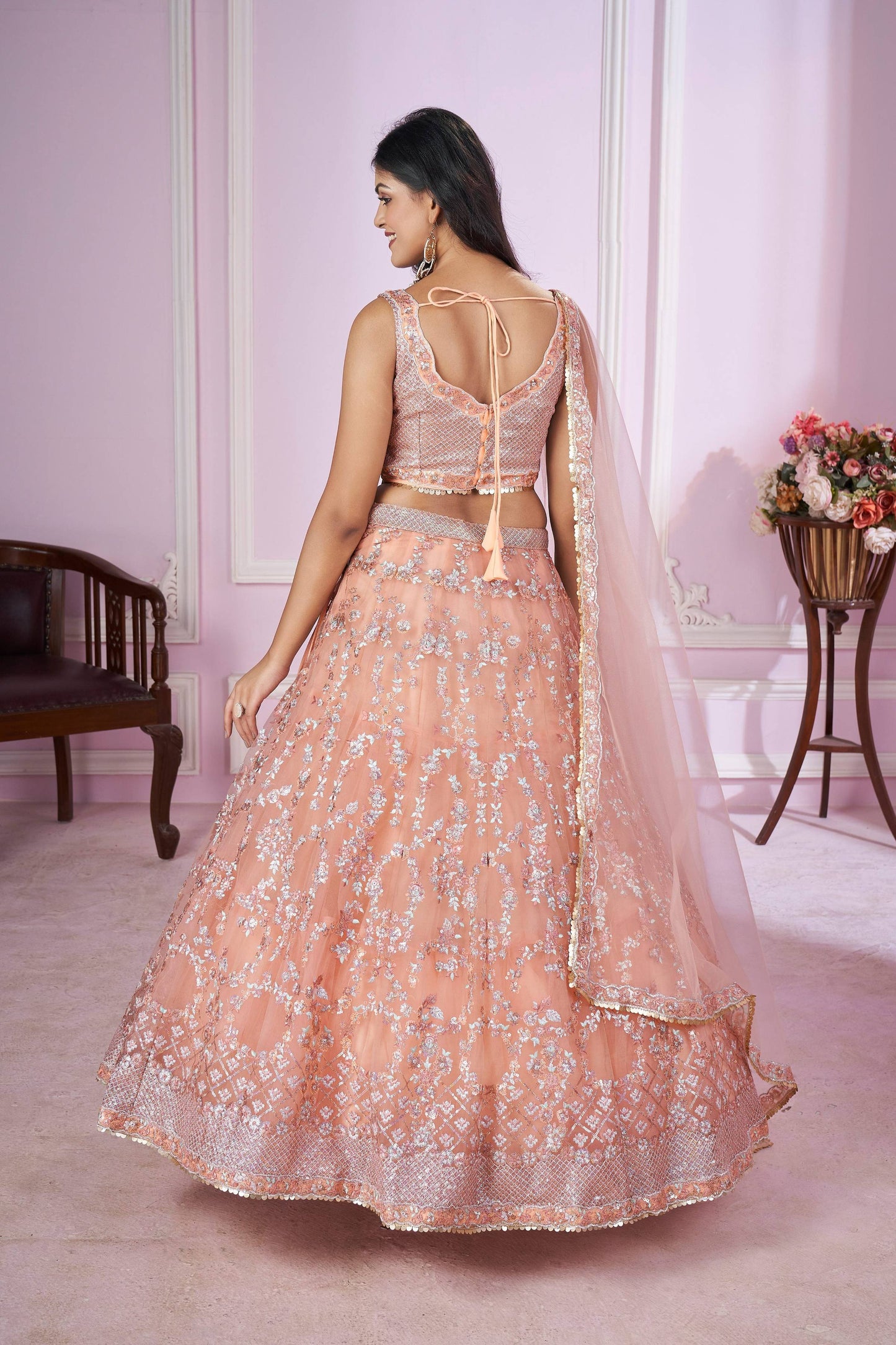 Jyoti Fashion Women's Baby Pink Soft Net Sequins Thread Embroidered Lehenga Choli & Dupatta | Swadesiicart