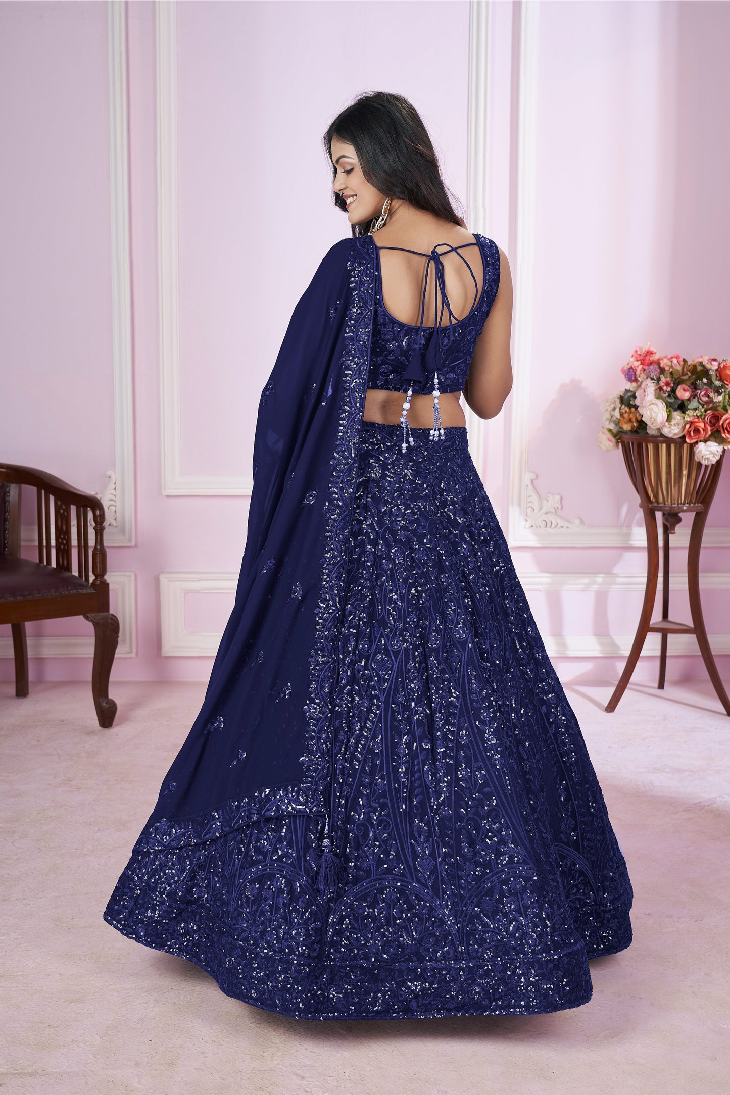 Jyoti Fashion Women's Navy Blue Georgette Sequins Thread Embroidered Lehenga Choli & Dupatta | Swadesiicart