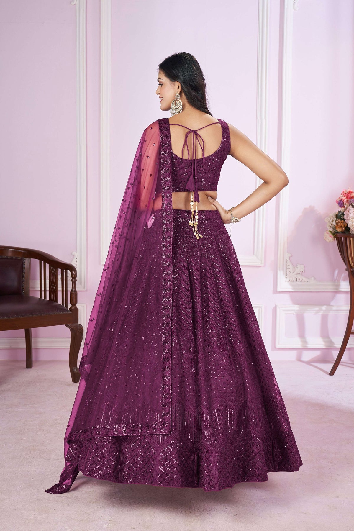 Jyoti Fashion Women's Wine Soft Net Sequins Thread Embroidered Lehenga Choli & Dupatta