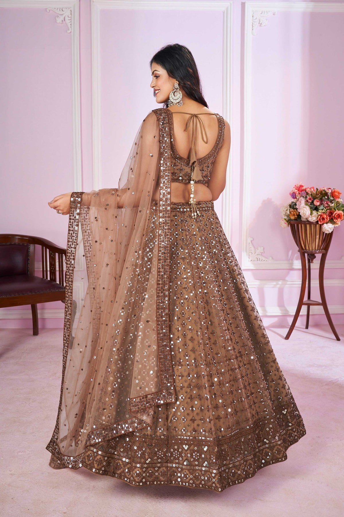 Jyoti Fashion Women's Brown Soft Net Sequins Thread Embroidered Lehenga Choli & Dupatta