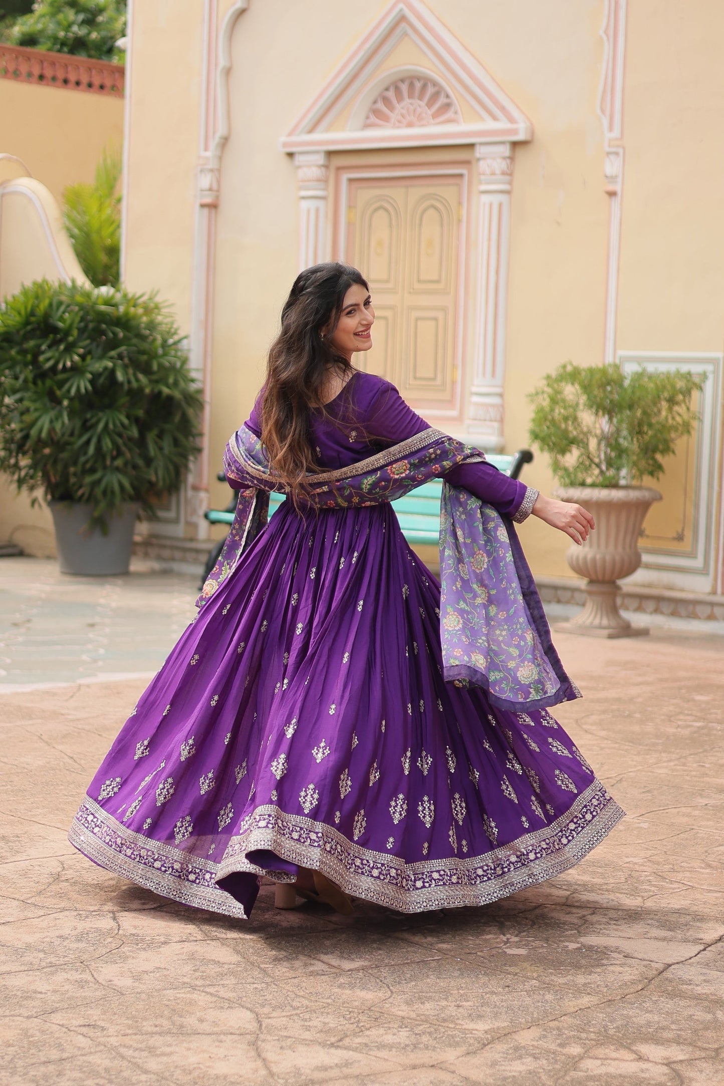 Jyoti Fashion Women's Purple Chinon Rich Sequins Embroidered Long Anarkali Sets | Swadesiicart
