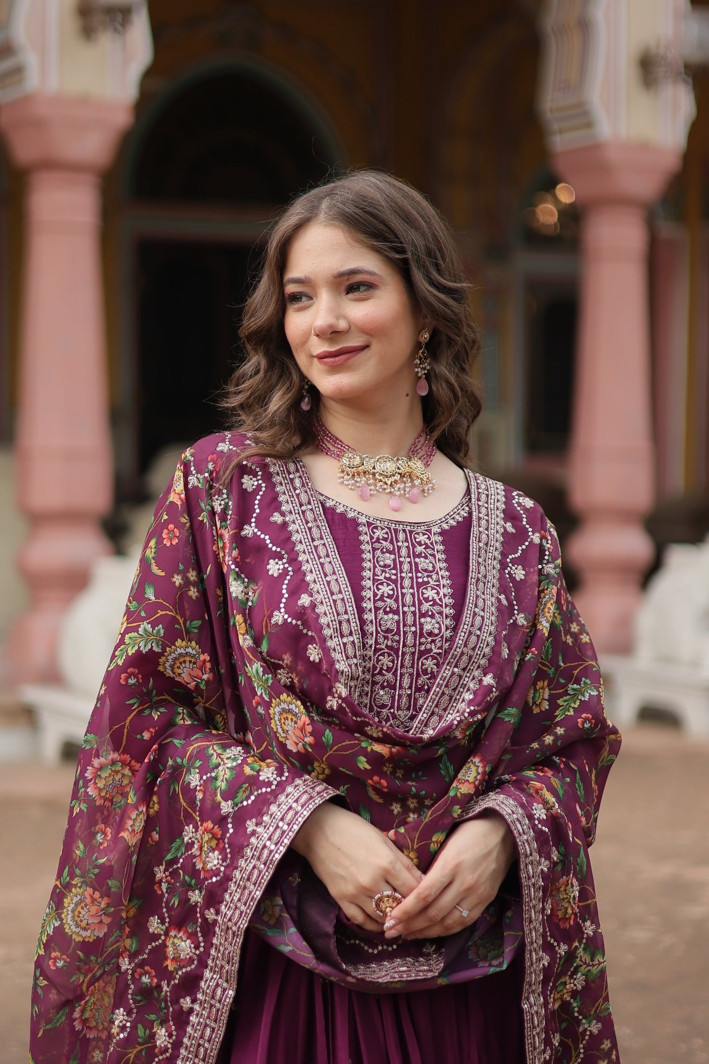 Jyoti Fashion Women's Wine Chinon Rich Sequins Embroidered Long Anarkali Sets | Swadesiicart