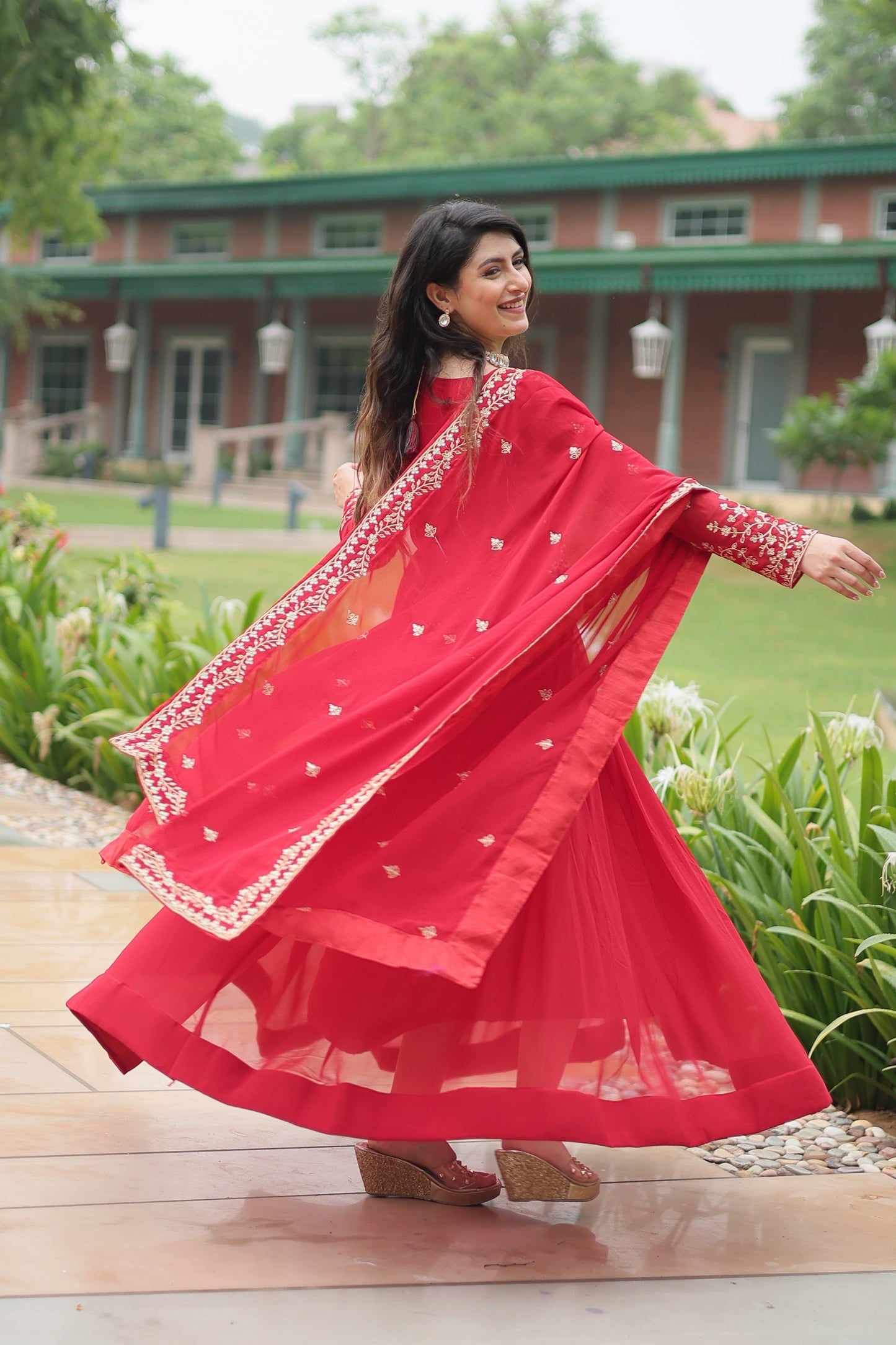 Jyoti Fashion Women's Red Faux Blooming Sequins Zari Embroidered Long Anarkali Sets | Swadesiicart