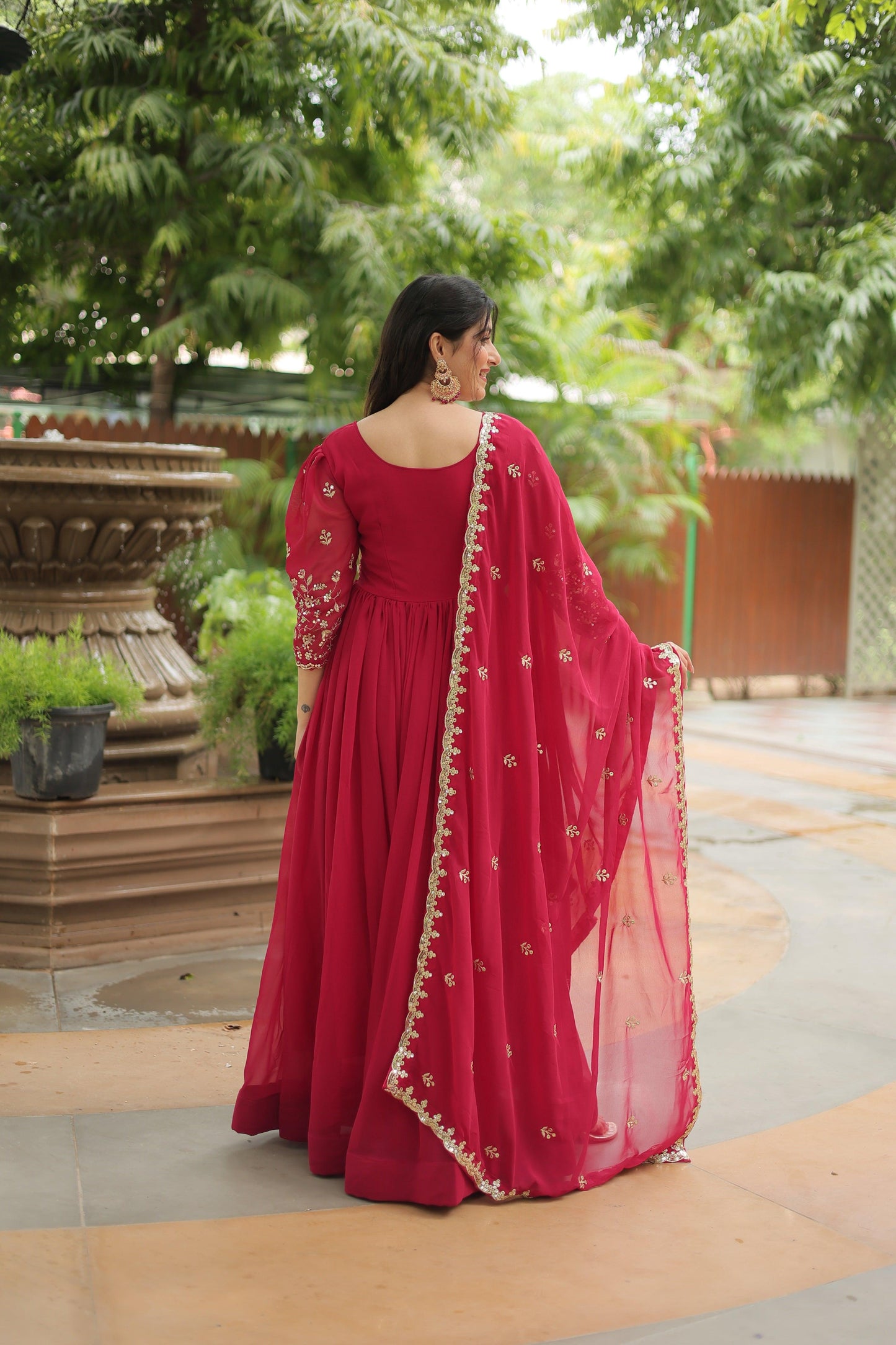 Jyoti Fashion Women's Rani Pink Faux Blooming Sequins Zari Embroidered Long Anarkali Sets | Swadesiicart