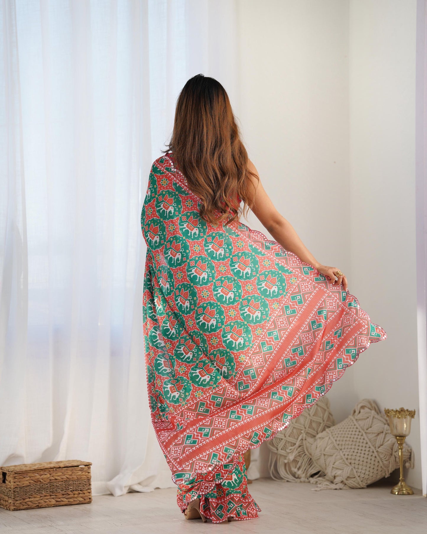 Jyoti Fashion Women's Green Chinon Print with Mirror Work Designer Saree with Blouse | Swadesiicart