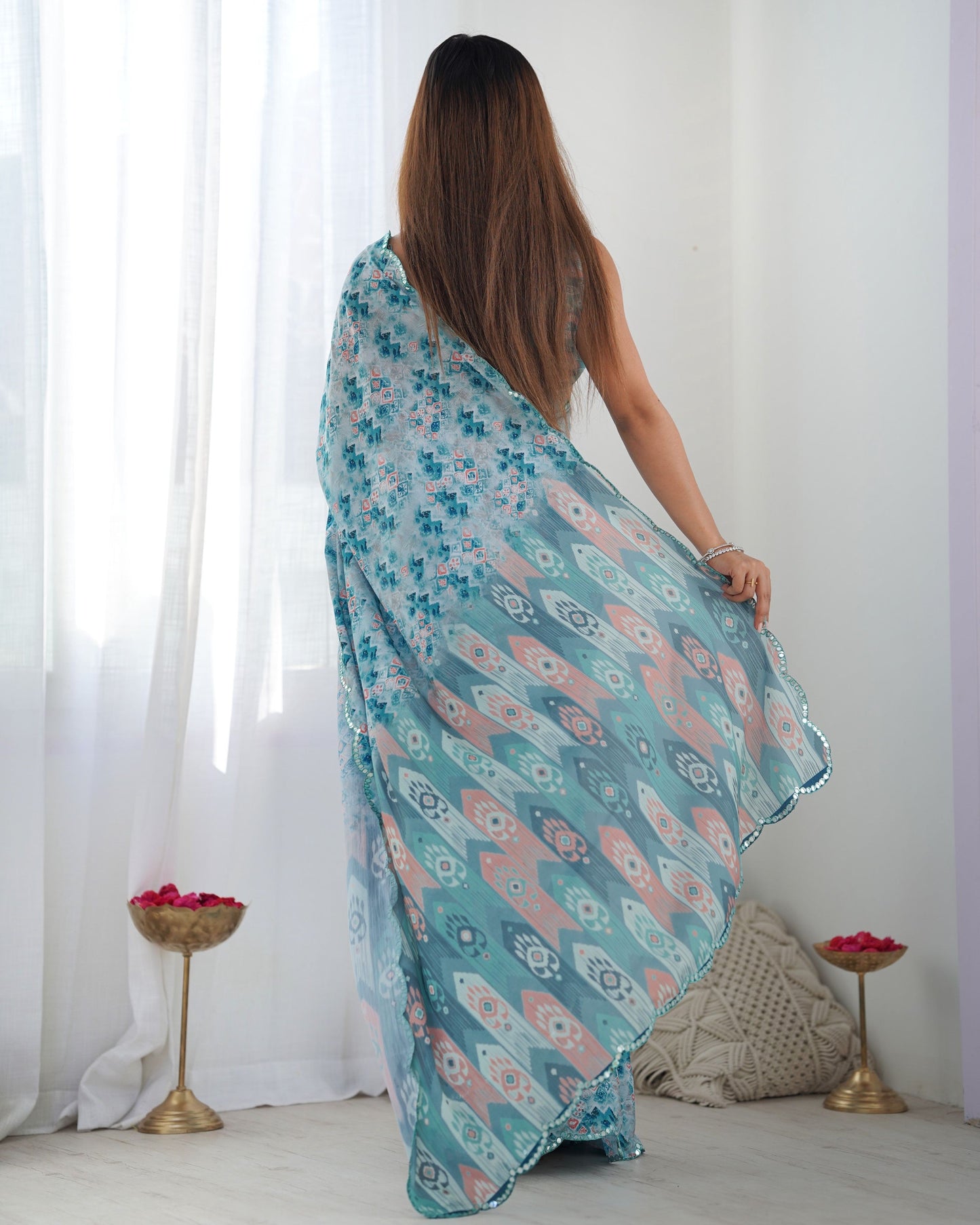 Jyoti Fashion Women's Sky Blue Chinon Print with Mirror Work Designer Saree with Blouse | Swadesiicart